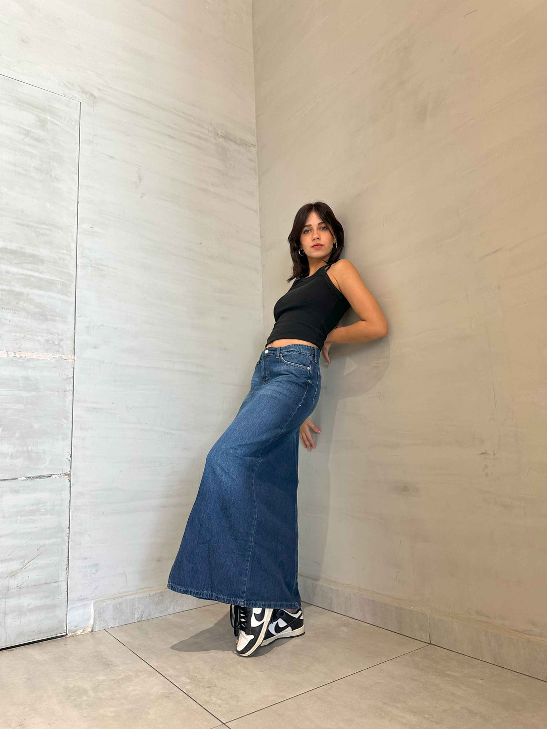 Maxi Skirt - Dark Blue Split Hem. Skirts CIZARO    - Cizaro Jeans