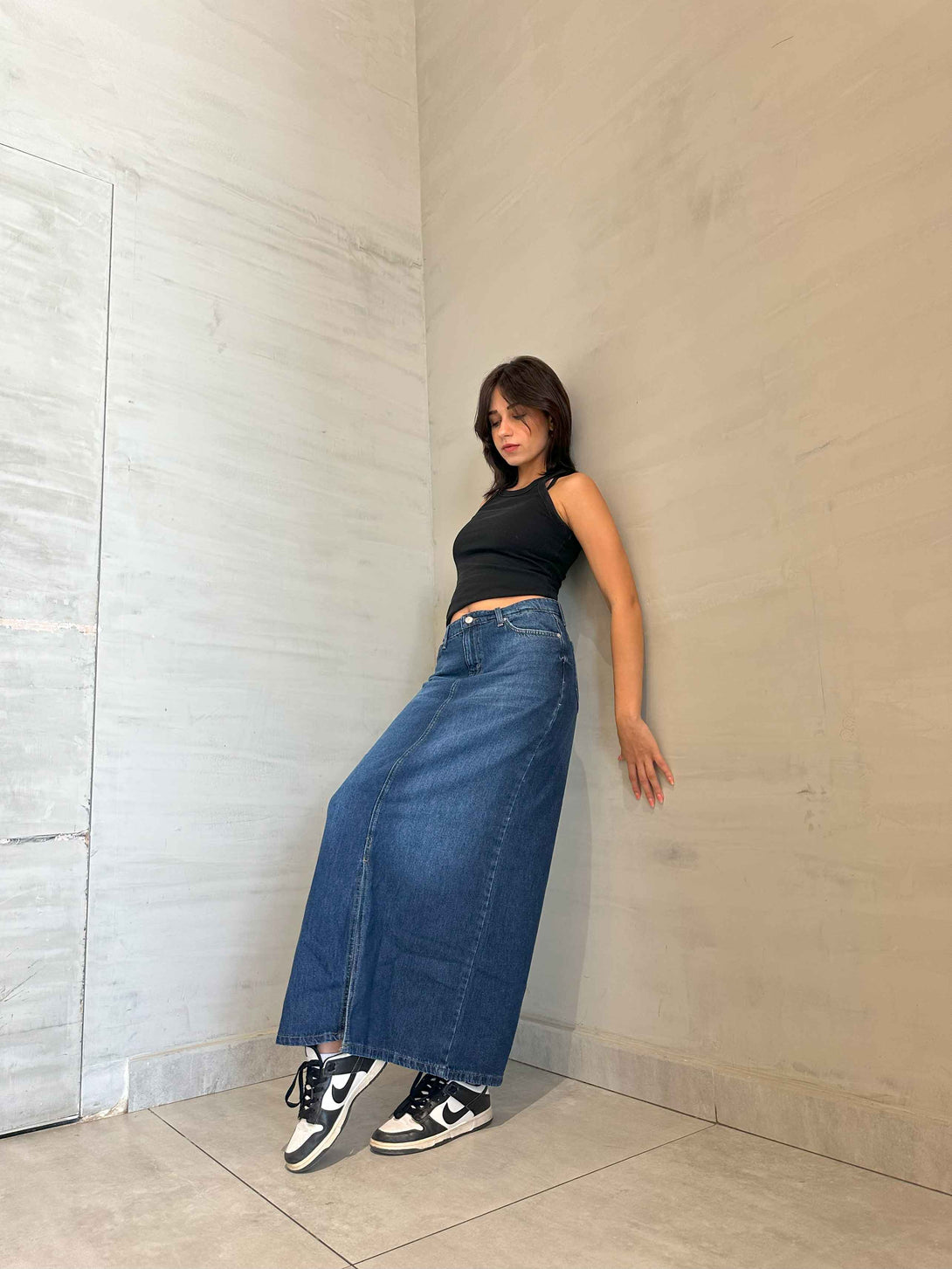 Maxi Skirt - Dark Blue Split Hem. Skirts CIZARO    - Cizaro Jeans