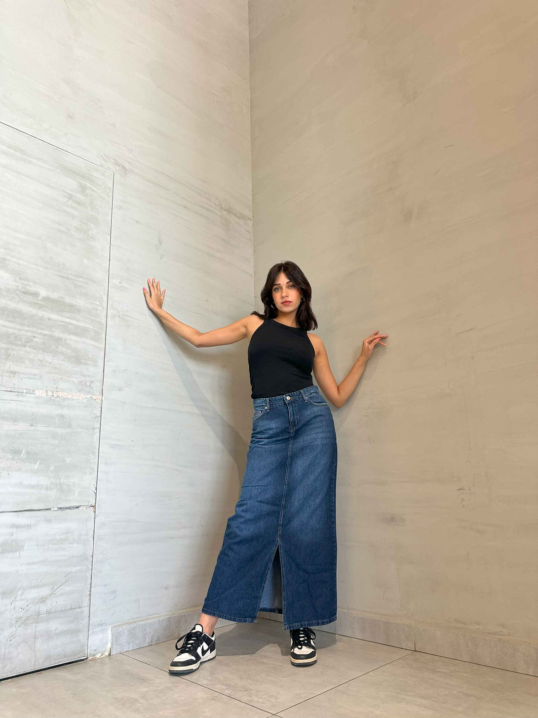 Maxi Skirt - Dark Blue Split Hem. Skirts CIZARO    - Cizaro Jeans