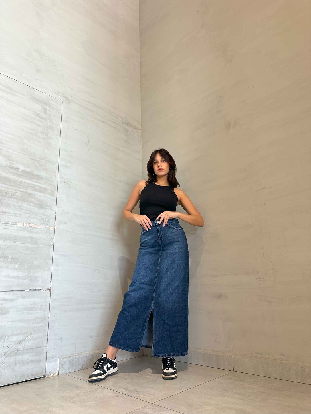 Maxi Skirt - Dark Blue Split Hem. Skirts CIZARO    - Cizaro Jeans