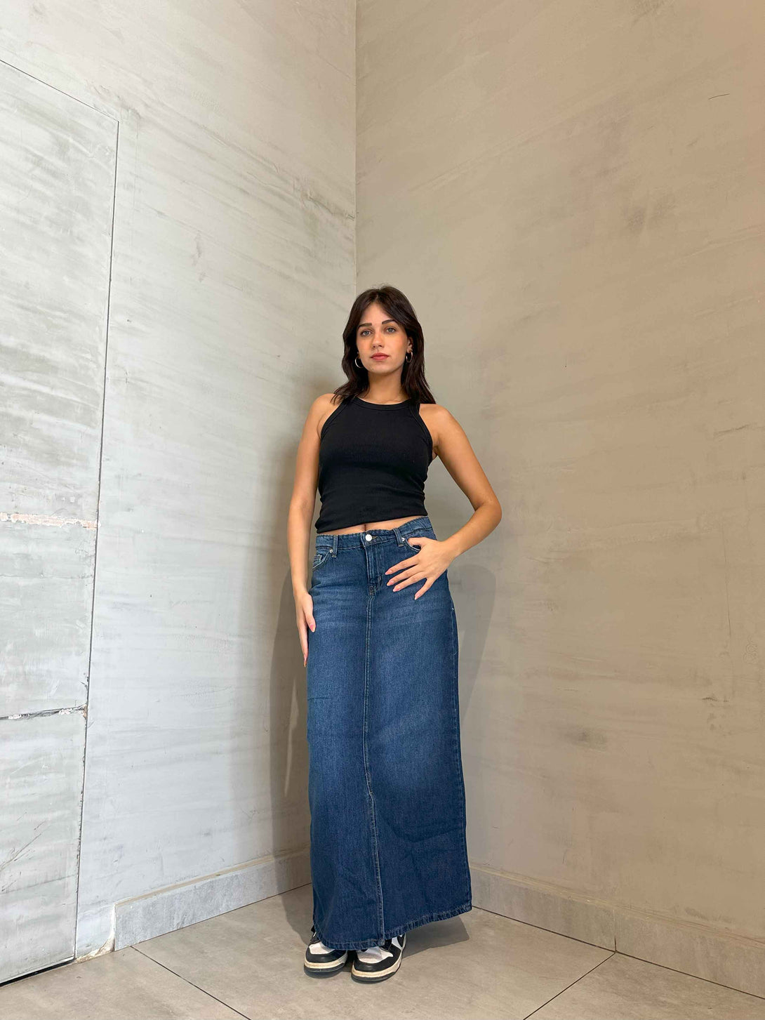 Maxi Skirt - Dark Blue Split Hem. Skirts CIZARO    - Cizaro Jeans