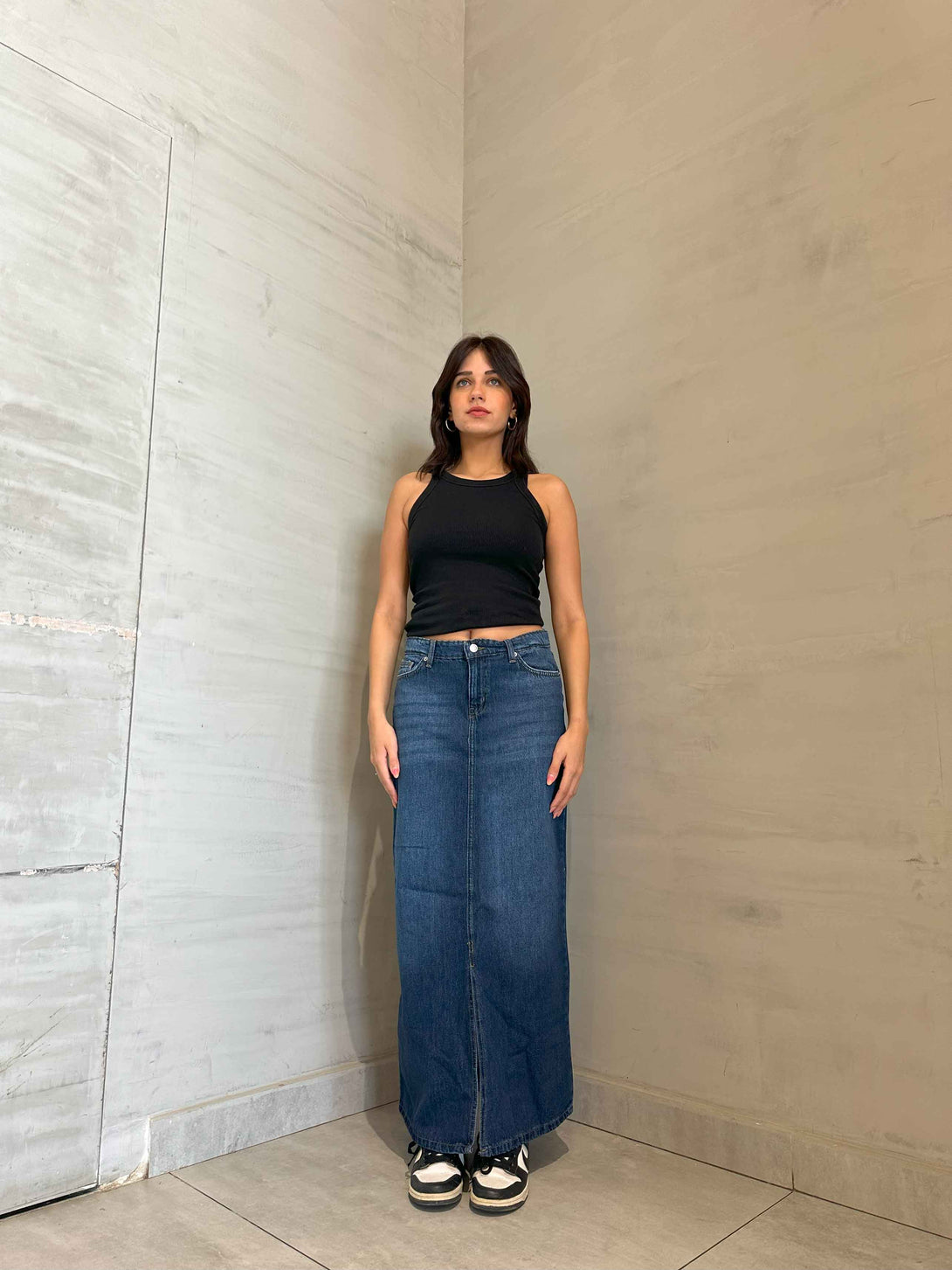 Maxi Skirt - Dark Blue Split Hem. Skirts CIZARO    - Cizaro Jeans