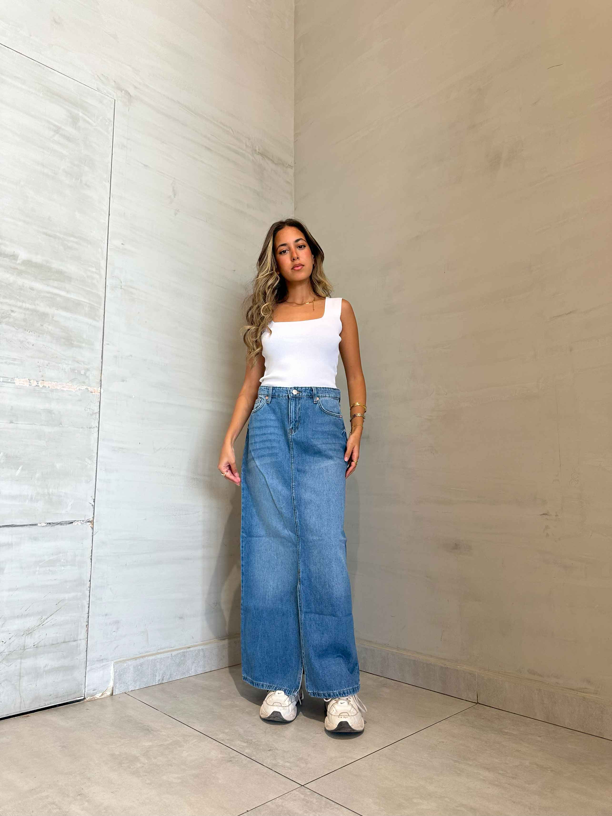 Maxi Skirt - Light Blue Split Hem. Skirts CIZARO    - Cizaro Jeans