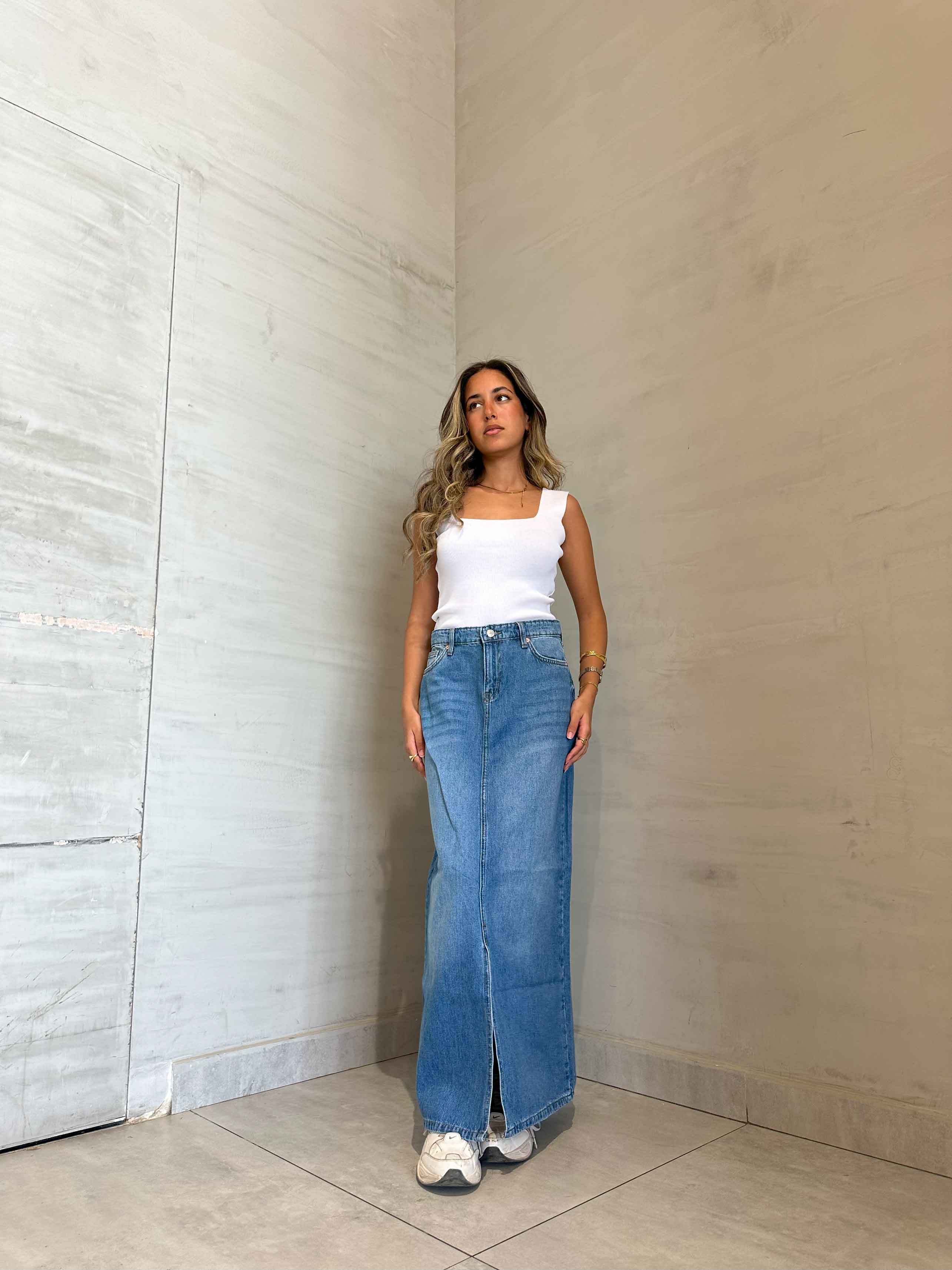 Maxi Skirt - Light Blue Split Hem. Skirts CIZARO    - Cizaro Jeans