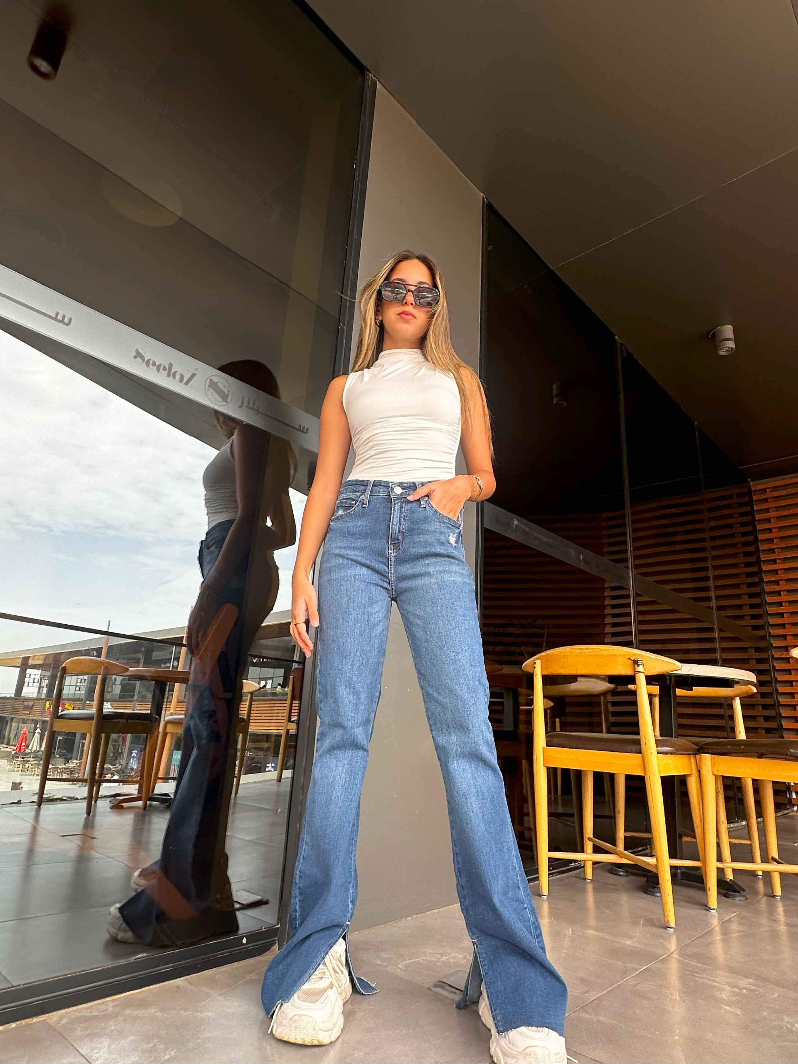 Flared - Mid Blue Split Hem. Flare CIZARO - Cizaro Jeans