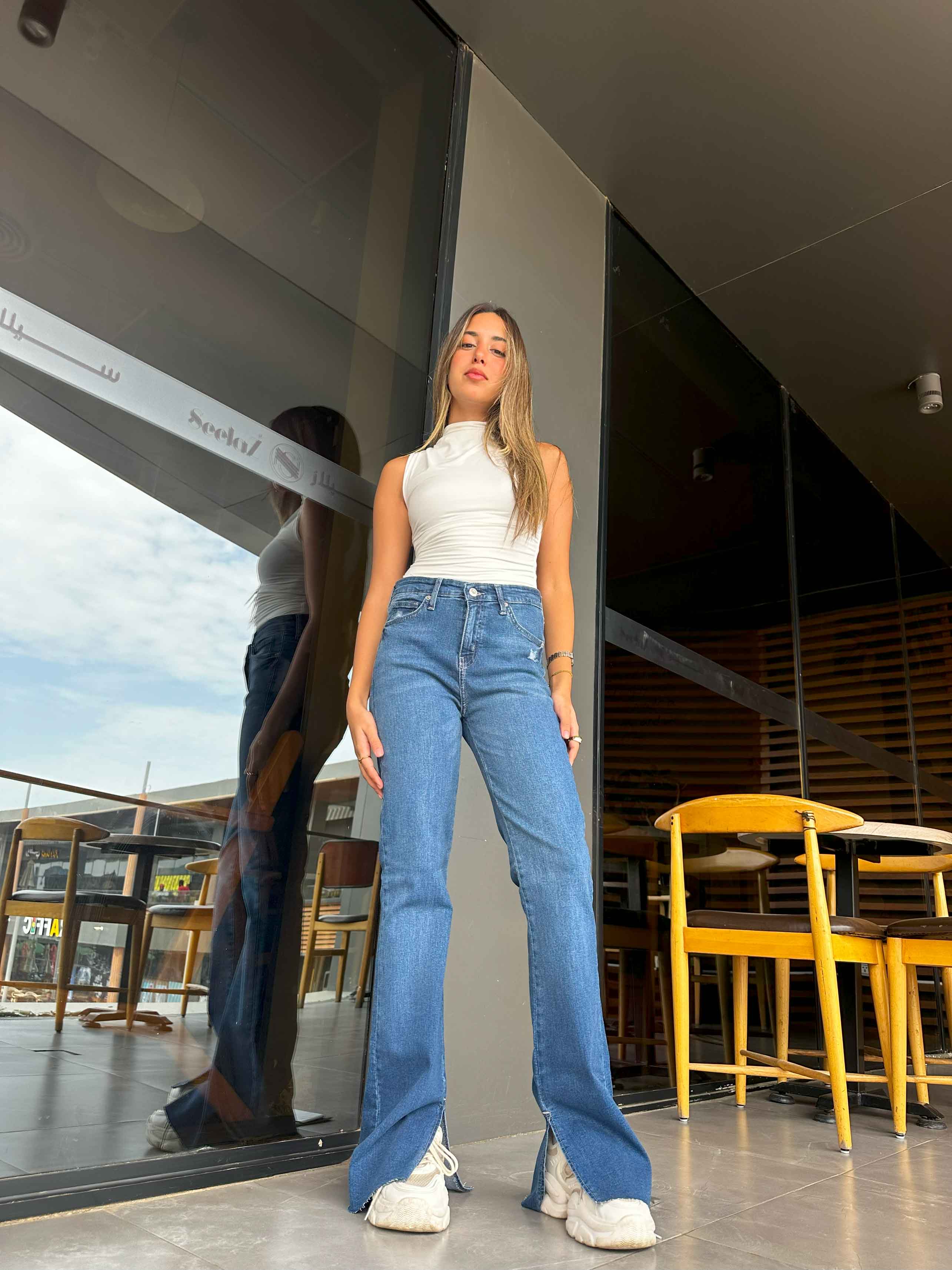 Flared - Mid Blue Split Hem. Flare CIZARO - Cizaro Jeans