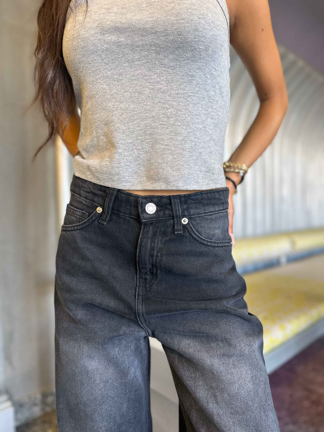 Wide Leg - Distressed Dark Grey. Wide leg CIZARO    - Cizaro Jeans