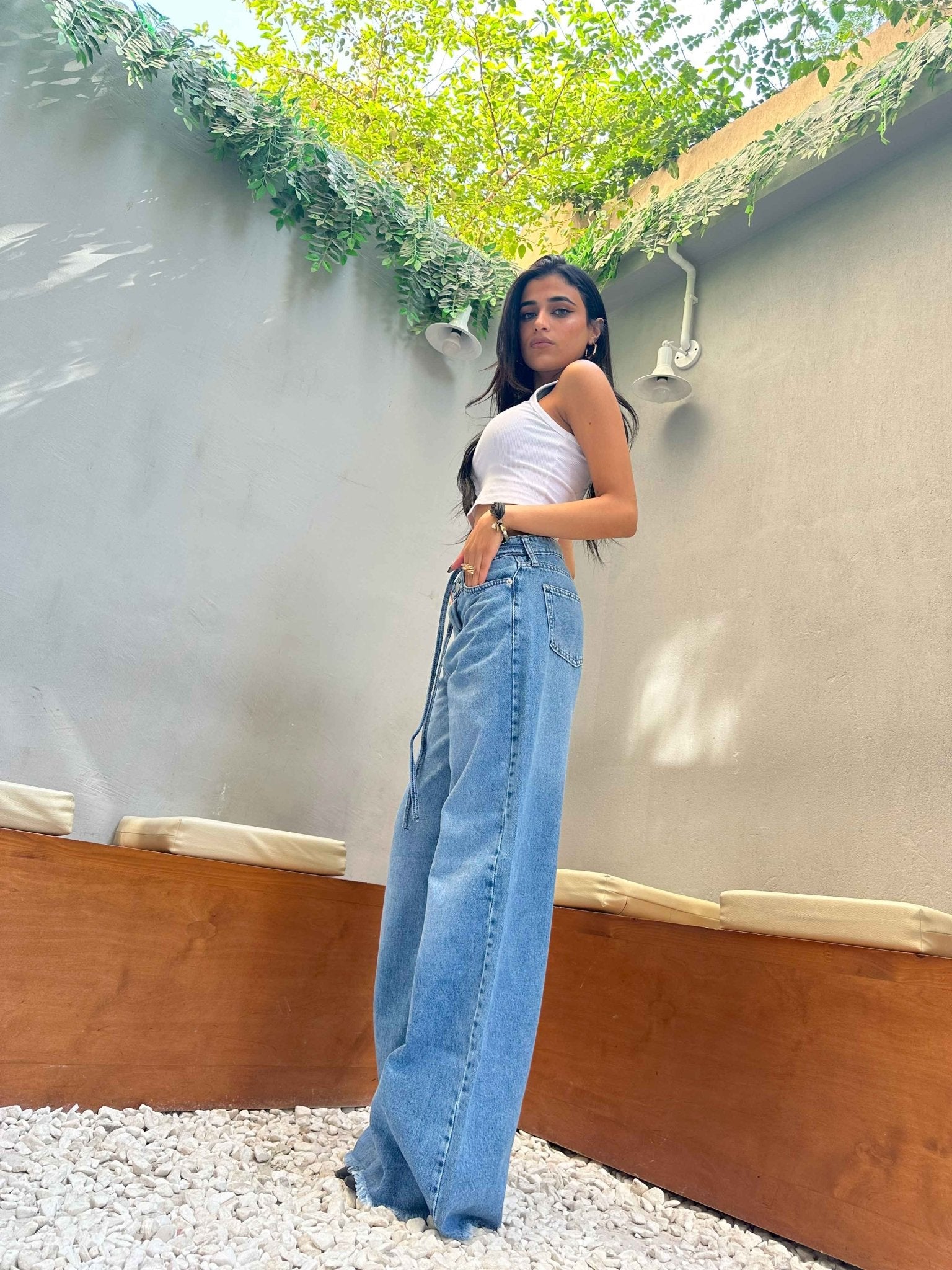 Wide Leg - Light Blue Tie-Belt Distressed Hem Jeans.