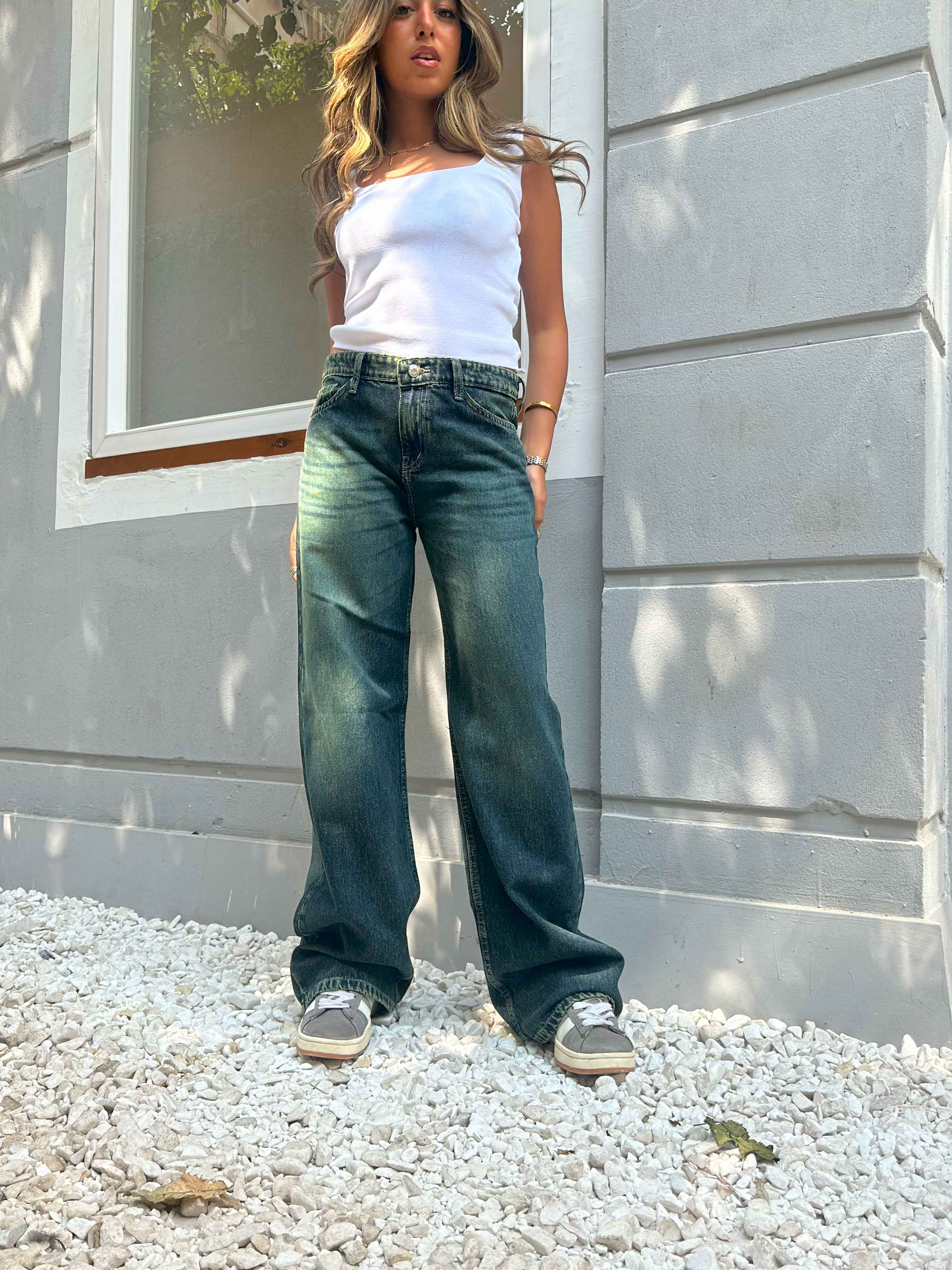 Wide-Leg - Low waist Classic Deep Green Blue Vintage Jeans. Wide-Leg CIZARO    - Cizaro Jeans