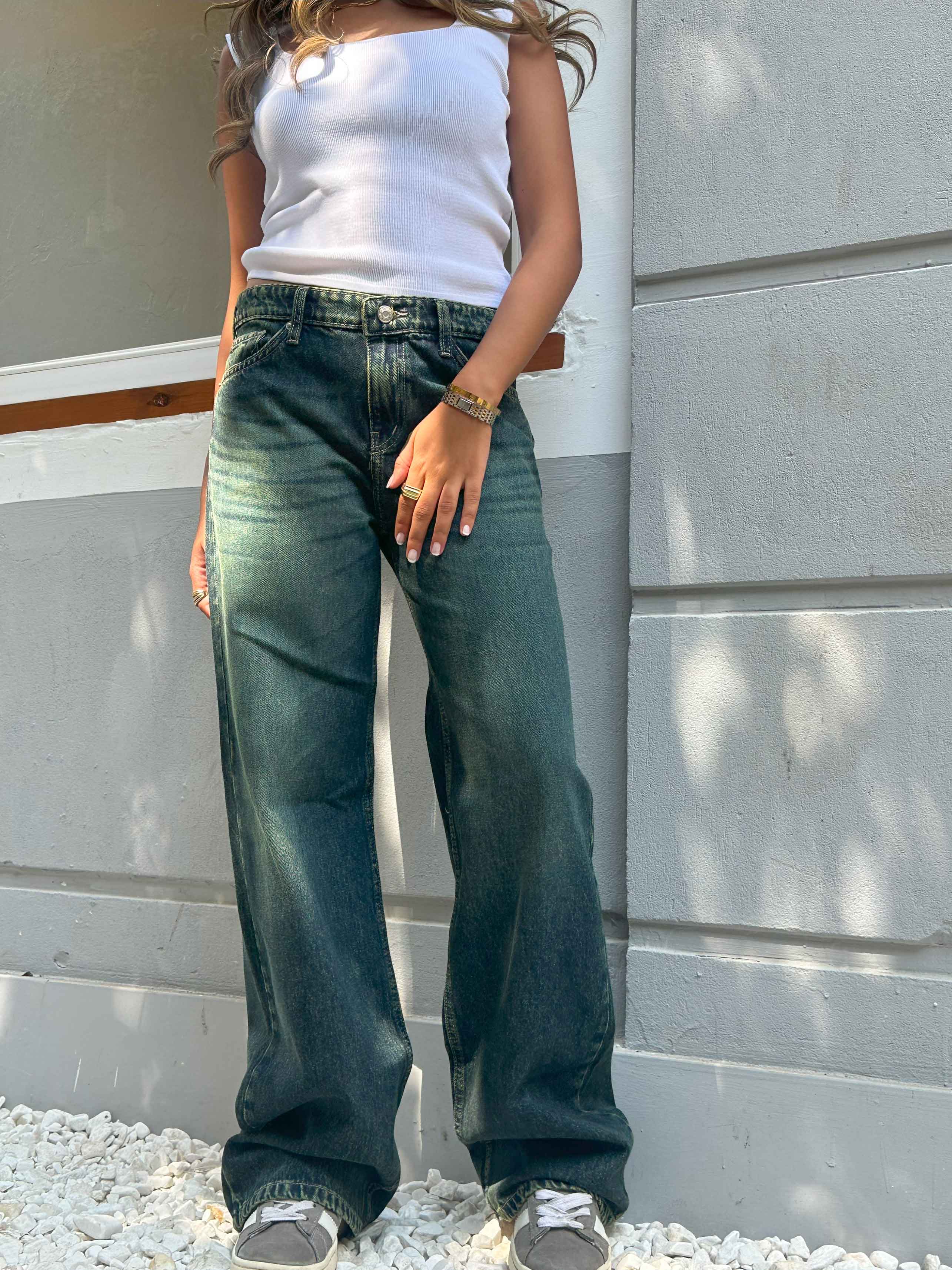 Wide-Leg - Low waist Classic Deep Green Blue Vintage Jeans. Wide-Leg CIZARO    - Cizaro Jeans