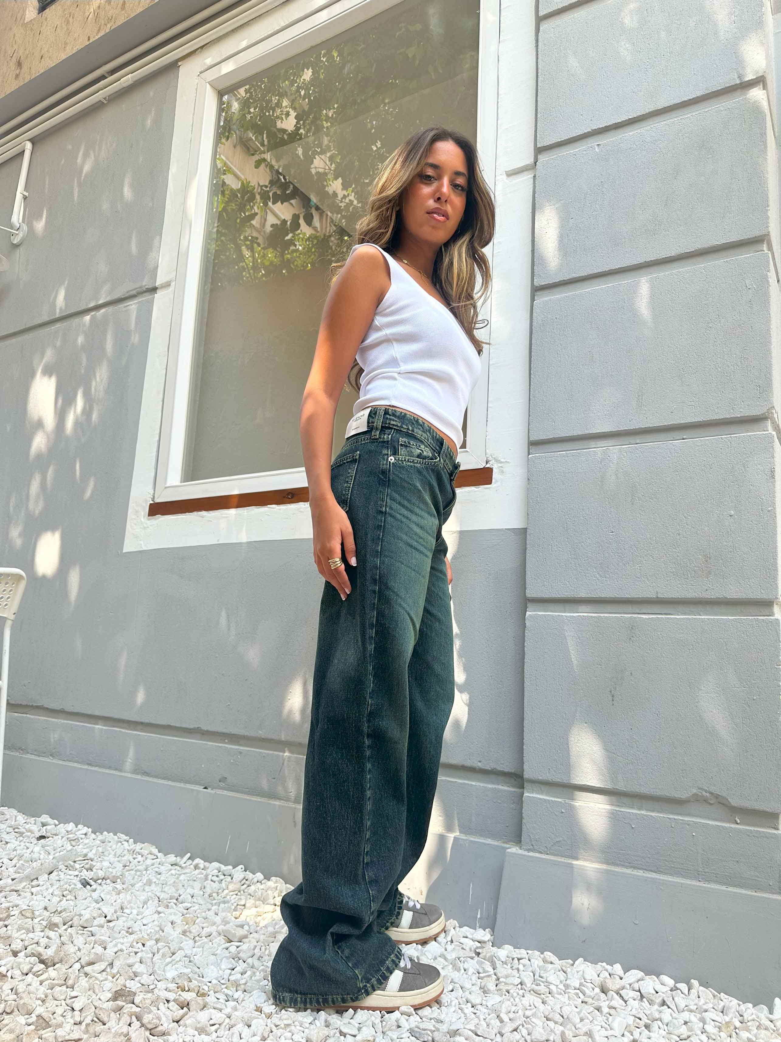 Wide-Leg - Low waist Classic Deep Green Blue Vintage Jeans. Wide-Leg CIZARO    - Cizaro Jeans