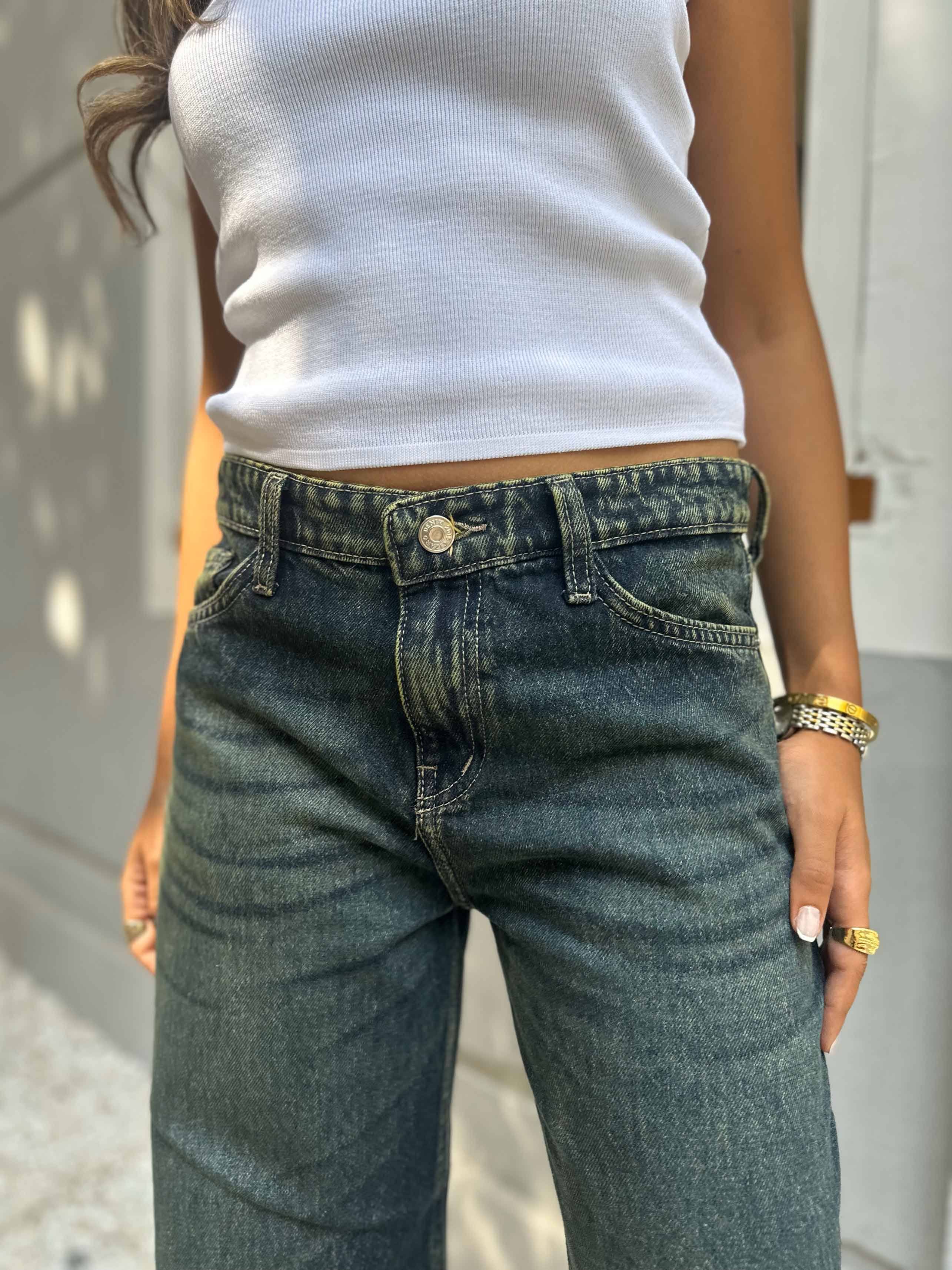 Wide-Leg - Low waist Classic Deep Green Blue Vintage Jeans. Wide-Leg CIZARO    - Cizaro Jeans