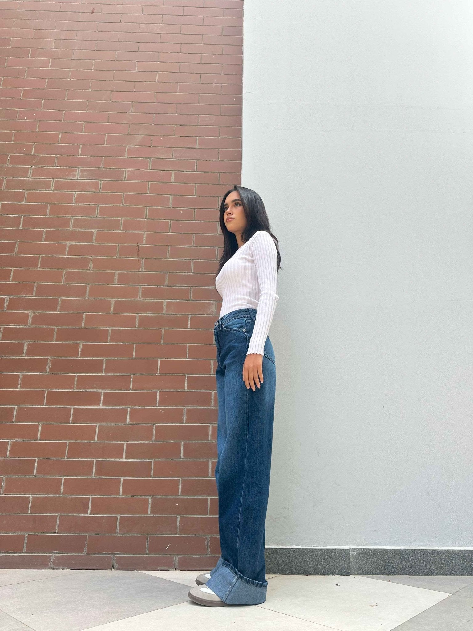 Wide Leg - Navy Blue Turn-Up Hems Jeans. Wide Leg CIZARO    - Cizaro Jeans