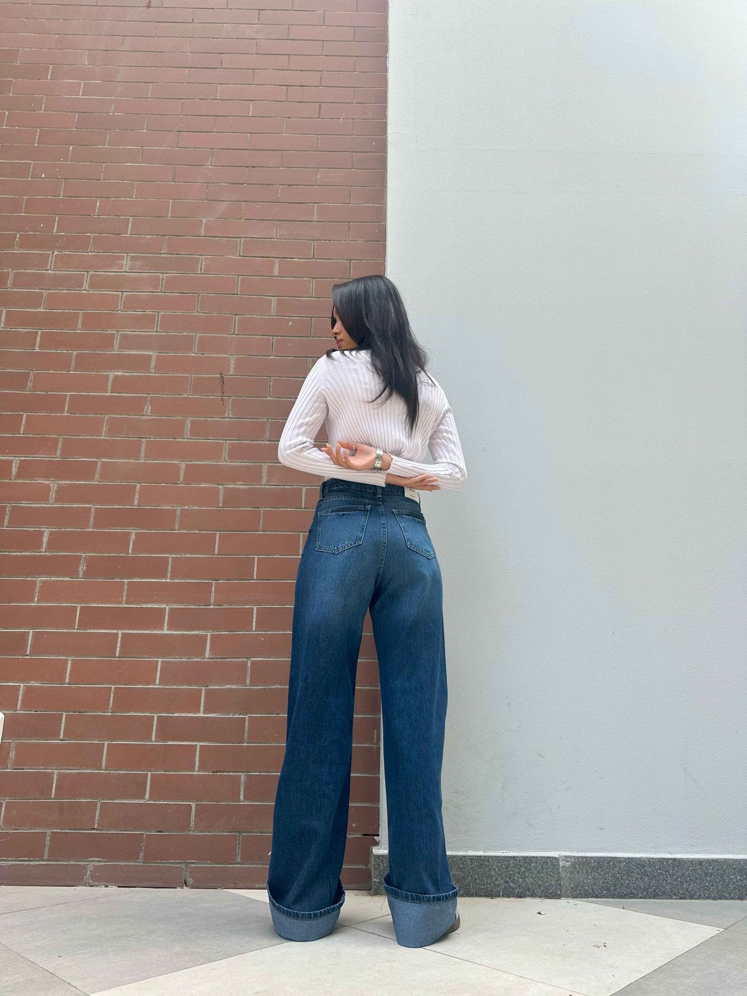 Wide Leg - Navy Blue Turn-Up Hems Jeans. Wide Leg CIZARO    - Cizaro Jeans