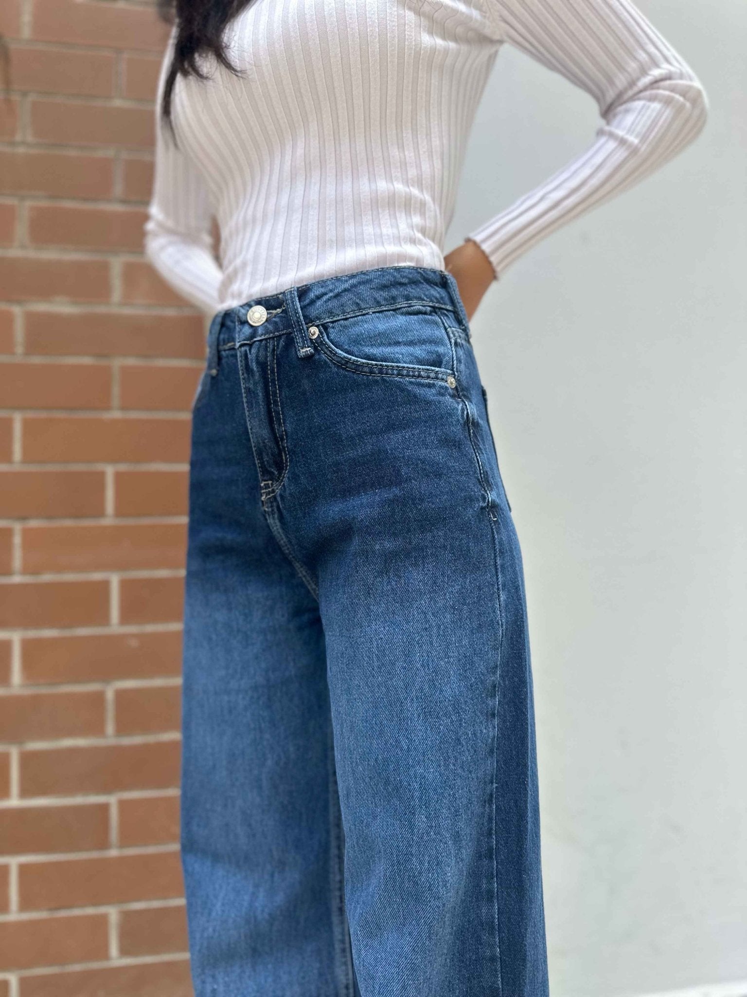 Wide Leg - Navy Blue Turn-Up Hems Jeans. Wide Leg CIZARO    - Cizaro Jeans