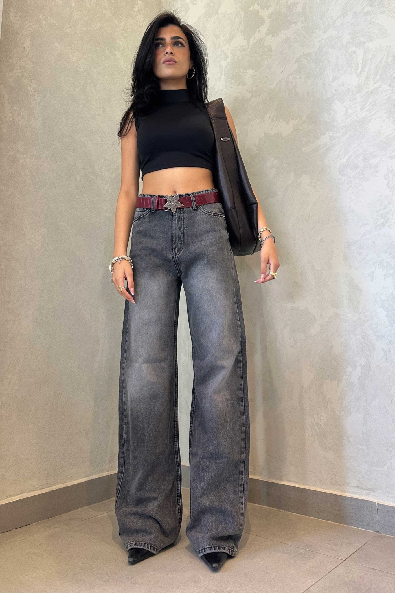 Wide-Leg | High-Waist Charcoal Washed Jeans Wide Leg CIZARO - Cizaro Jeans