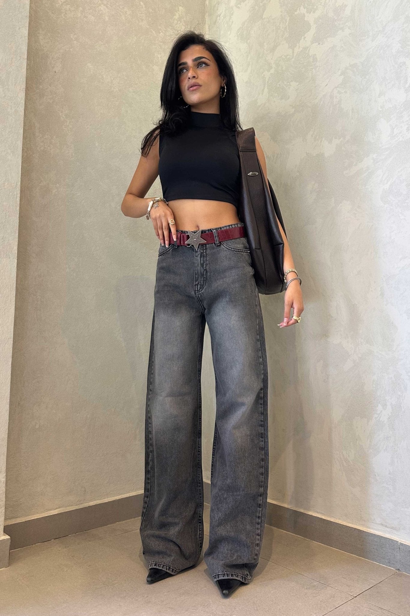 Wide-Leg | High-Waist Charcoal Washed Jeans Wide Leg CIZARO - Cizaro Jeans
