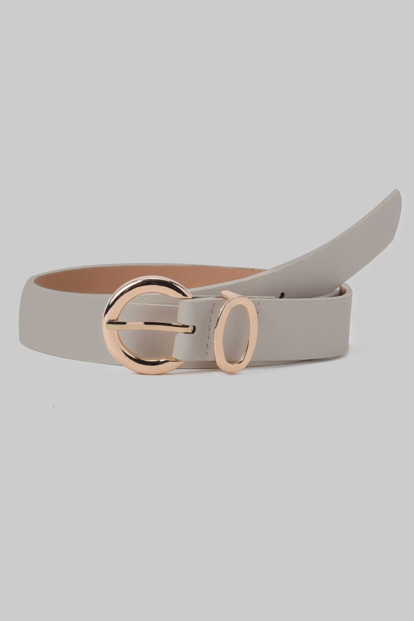 Belt | Light Grey Faux Leather Belt with Gold Round Buckle and Oval Loop Belt CZBELT - Cizaro Jeans