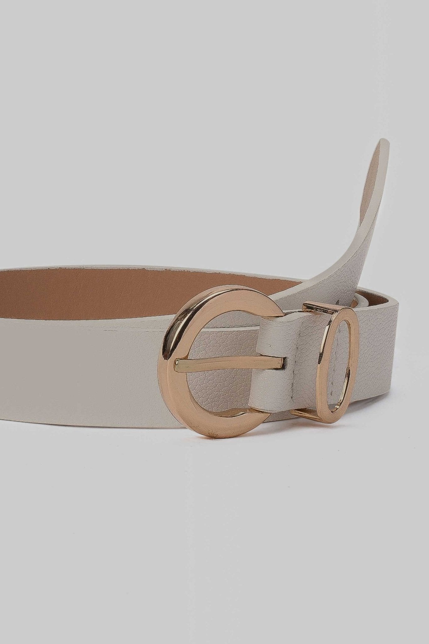 Belt | Light Grey Faux Leather Belt with Gold Round Buckle and Oval Loop Belt CZBELT - Cizaro Jeans