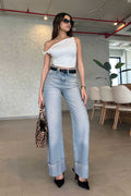 Wide Leg High Waist Raw Hem Turn-Up – Light Vintage Green Jeans