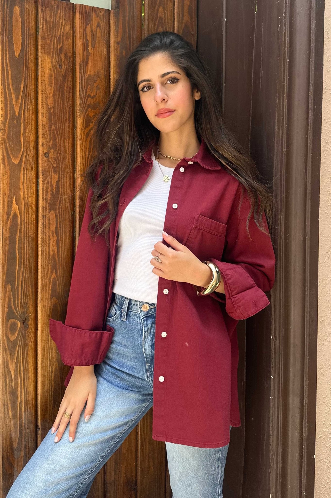 Oversized - Denim Maroon Shirt Denim Shirt CIZARO - Cizaro Jeans
