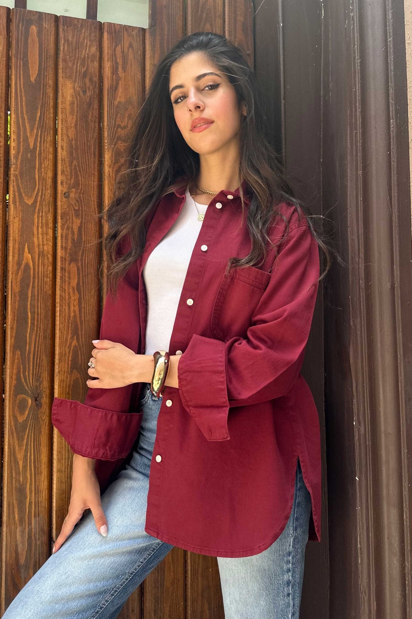 Oversized - Denim Maroon Shirt Denim Shirt CIZARO - Cizaro Jeans