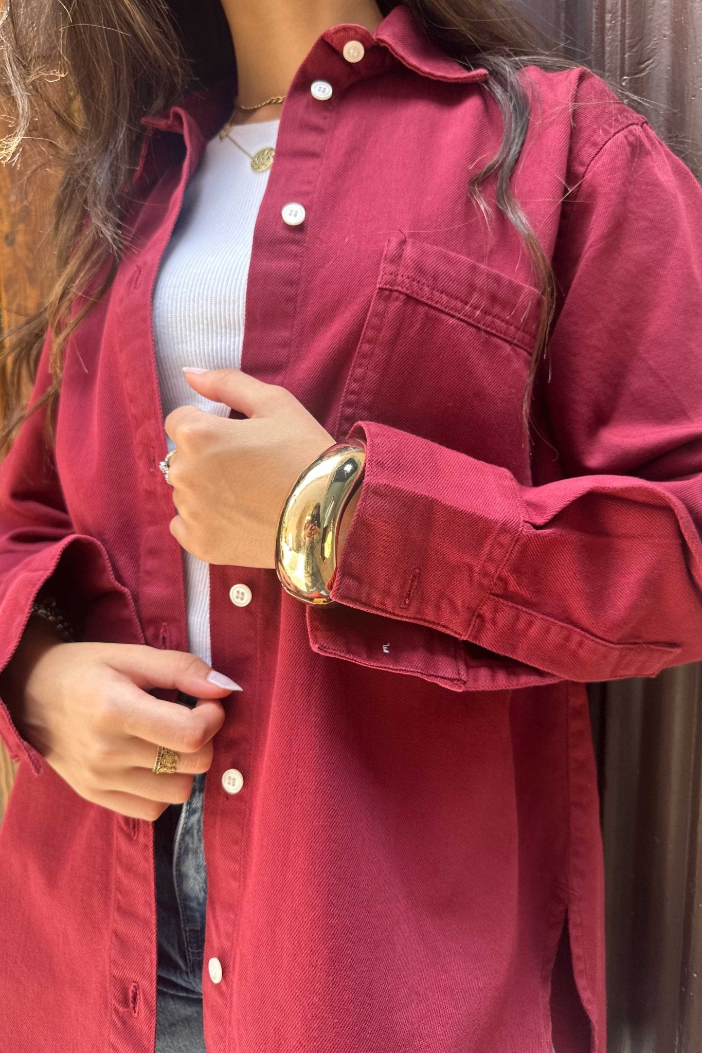 Oversized - Denim Maroon Shirt Denim Shirt CIZARO - Cizaro Jeans