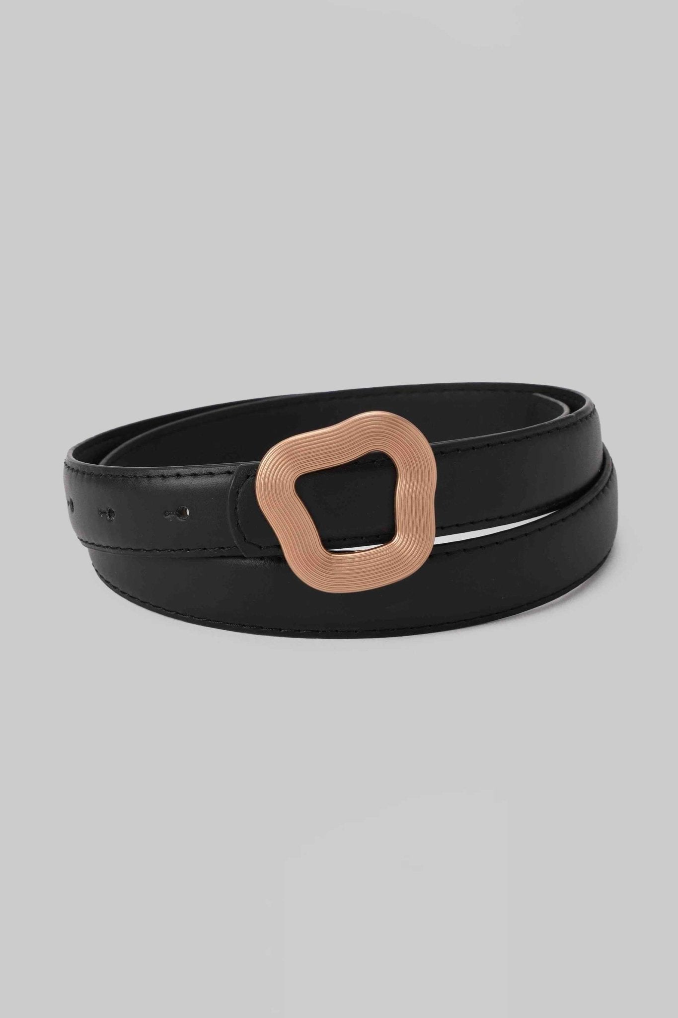Belt | The Wave Buckle Belt – Black Faux Leather Slim with Rose Gold Detail Belt - Acc CZBELT - Cizaro Jeans