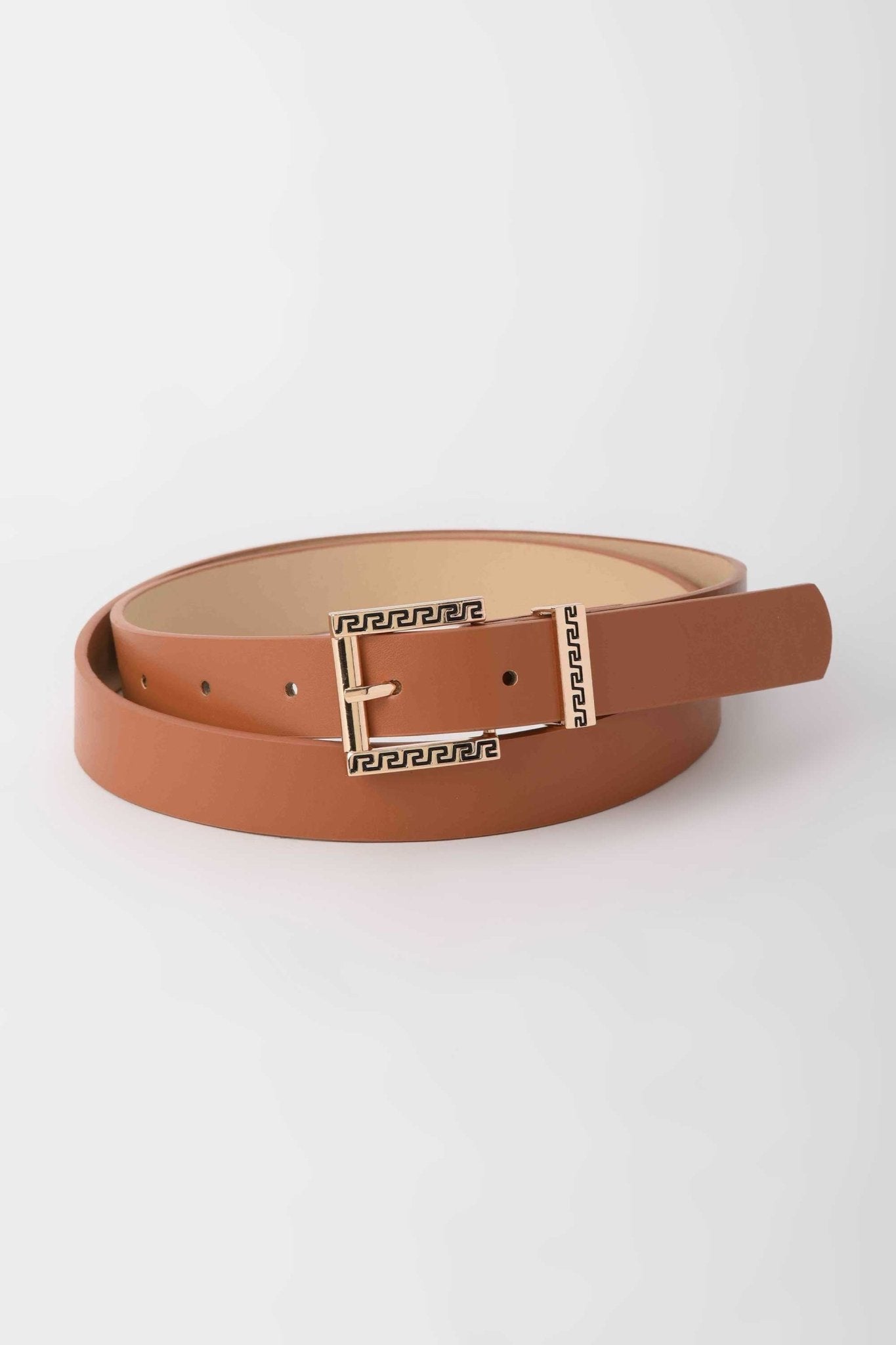 Belt | The Greca Buckle Belt – Tan Faux Leather Medium with Gold Detail Belt - Acc CZBELT - Cizaro Jeans