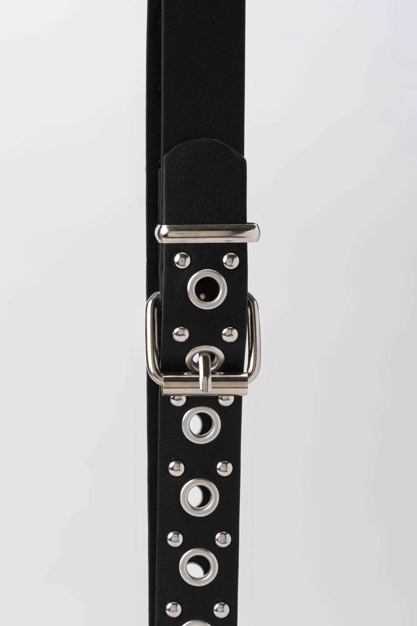 Belt | The Rebel Eyelet Belt – Black Faux Leather Medium with Silver Buckle Belt - Acc CZBELT - Cizaro Jeans