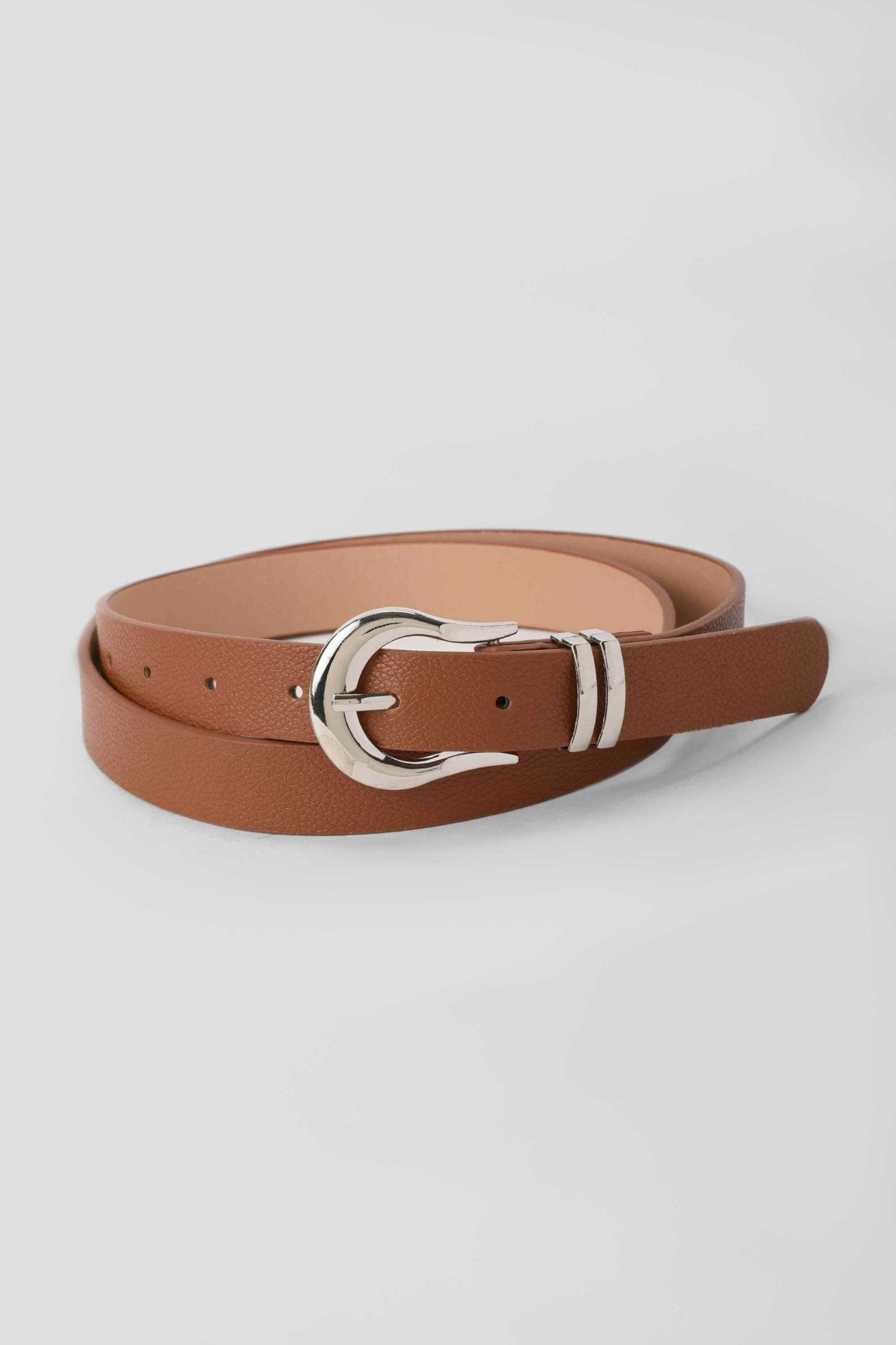 Belt | Tan Faux Leather Belt with Silver Curved Buckle Belt - Acc CZBELT - Cizaro Jeans