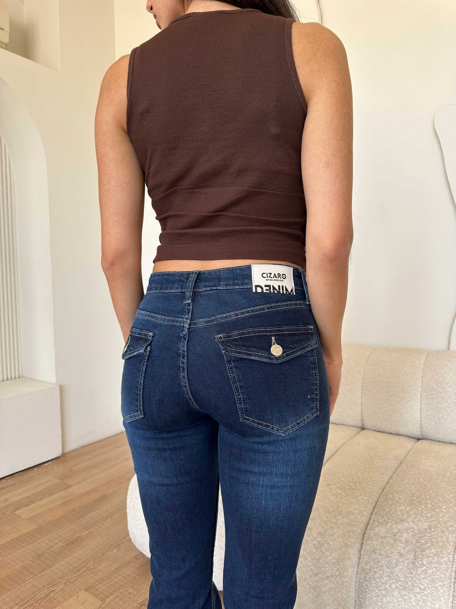 Flare – Ultra Elastic Low Waist Flap Pocket Deep Ocean Blue Jeans Mom-Fit CIZARO - Cizaro Jeans