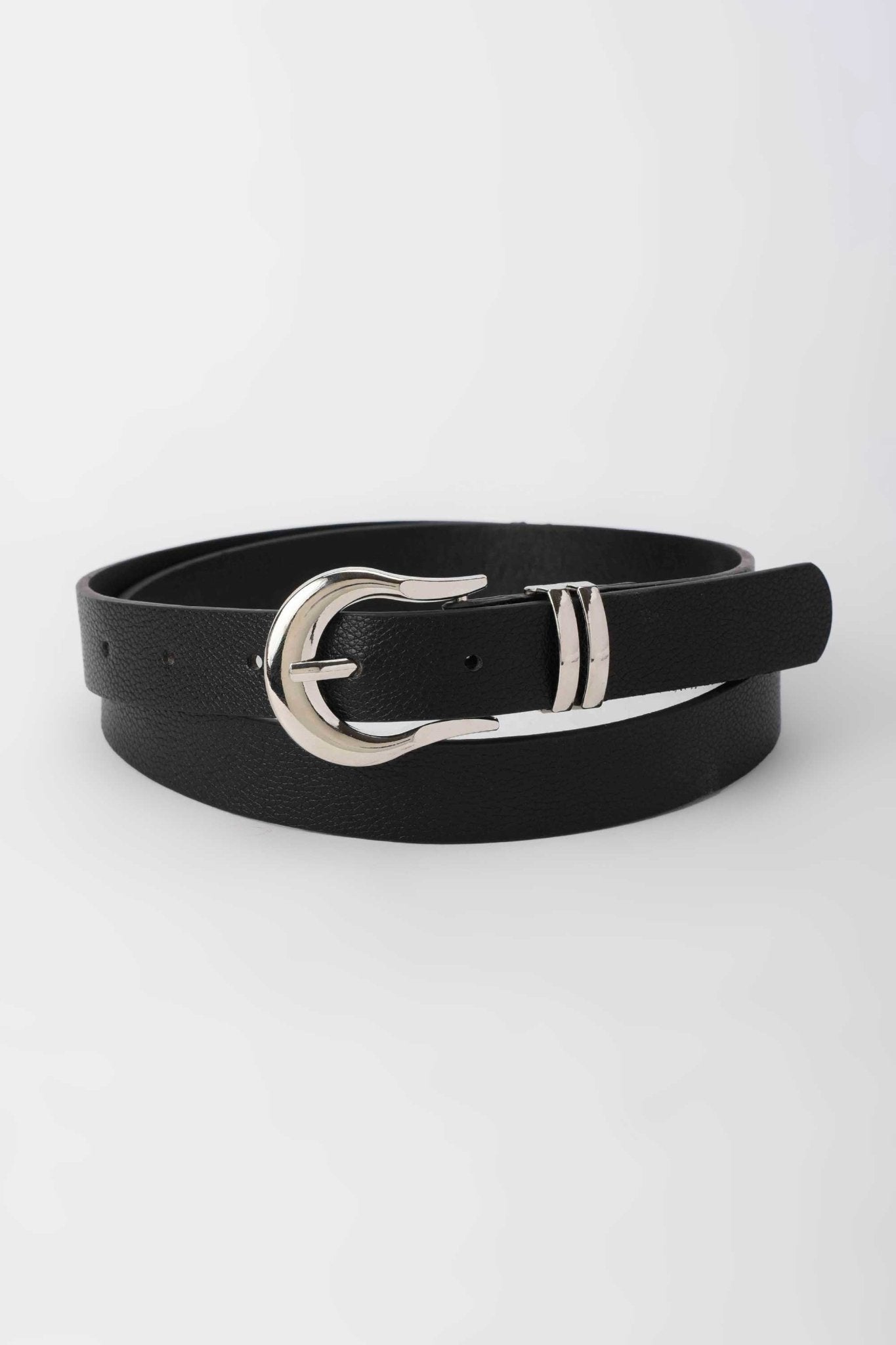 Belt | Black Faux Leather Belt with Western Silver Buckle Belt - Acc CZBELT - Cizaro Jeans