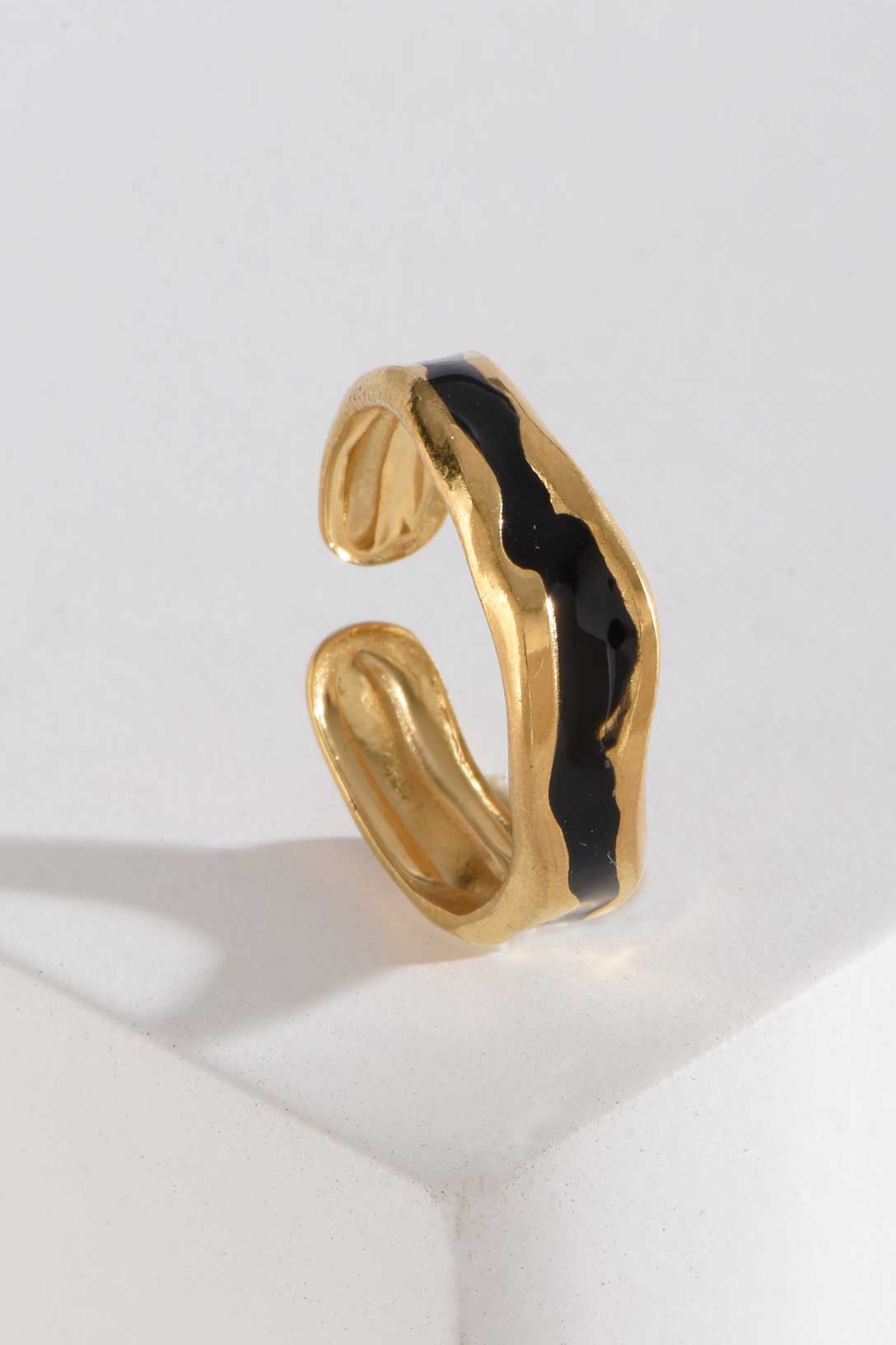 Stainless Steel Ring | Gold Open-Band with Black Enamel Wave RING Accessories - Cizaro Jeans