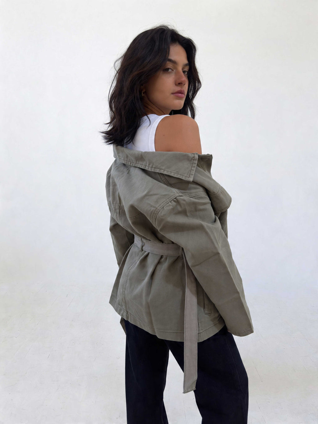 Jacket - Belted Button-Up Oversized Sage Green Denim jacket CIZARO - Cizaro Jeans