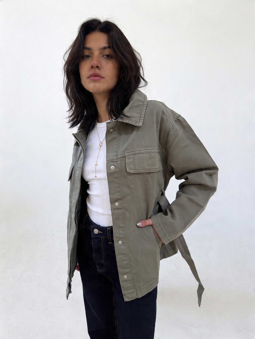Jacket - Belted Button-Up Oversized Sage Green Denim jacket CIZARO - Cizaro Jeans