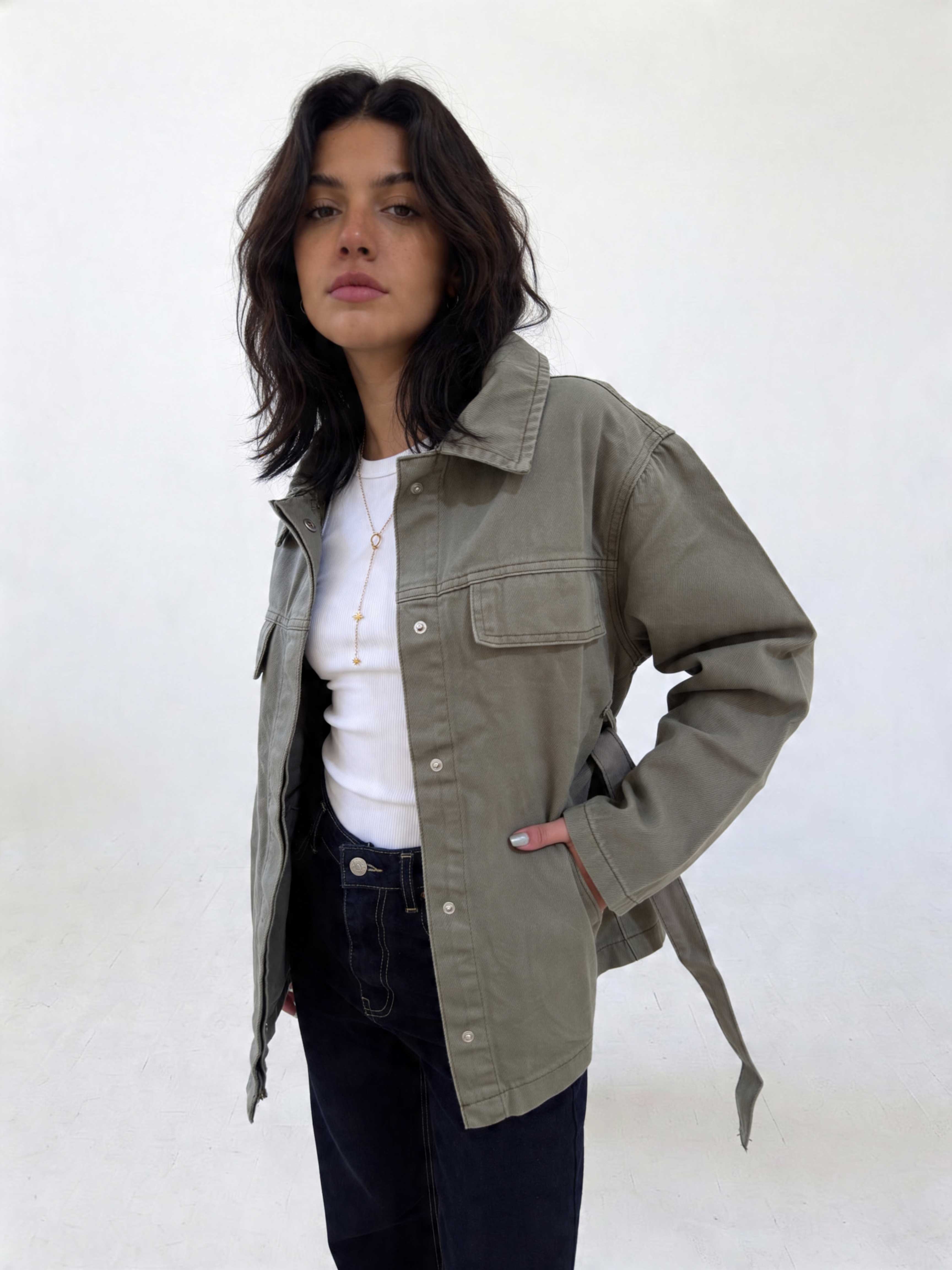 Jacket - Belted Button-Up Oversized Sage Green Denim jacket CIZARO - Cizaro Jeans