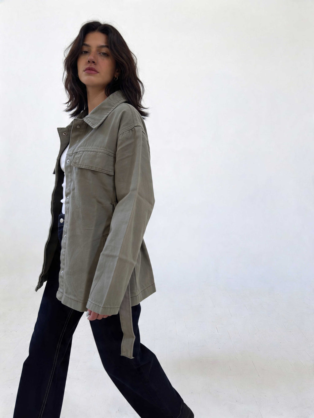 Jacket - Belted Button-Up Oversized Sage Green Denim jacket CIZARO - Cizaro Jeans