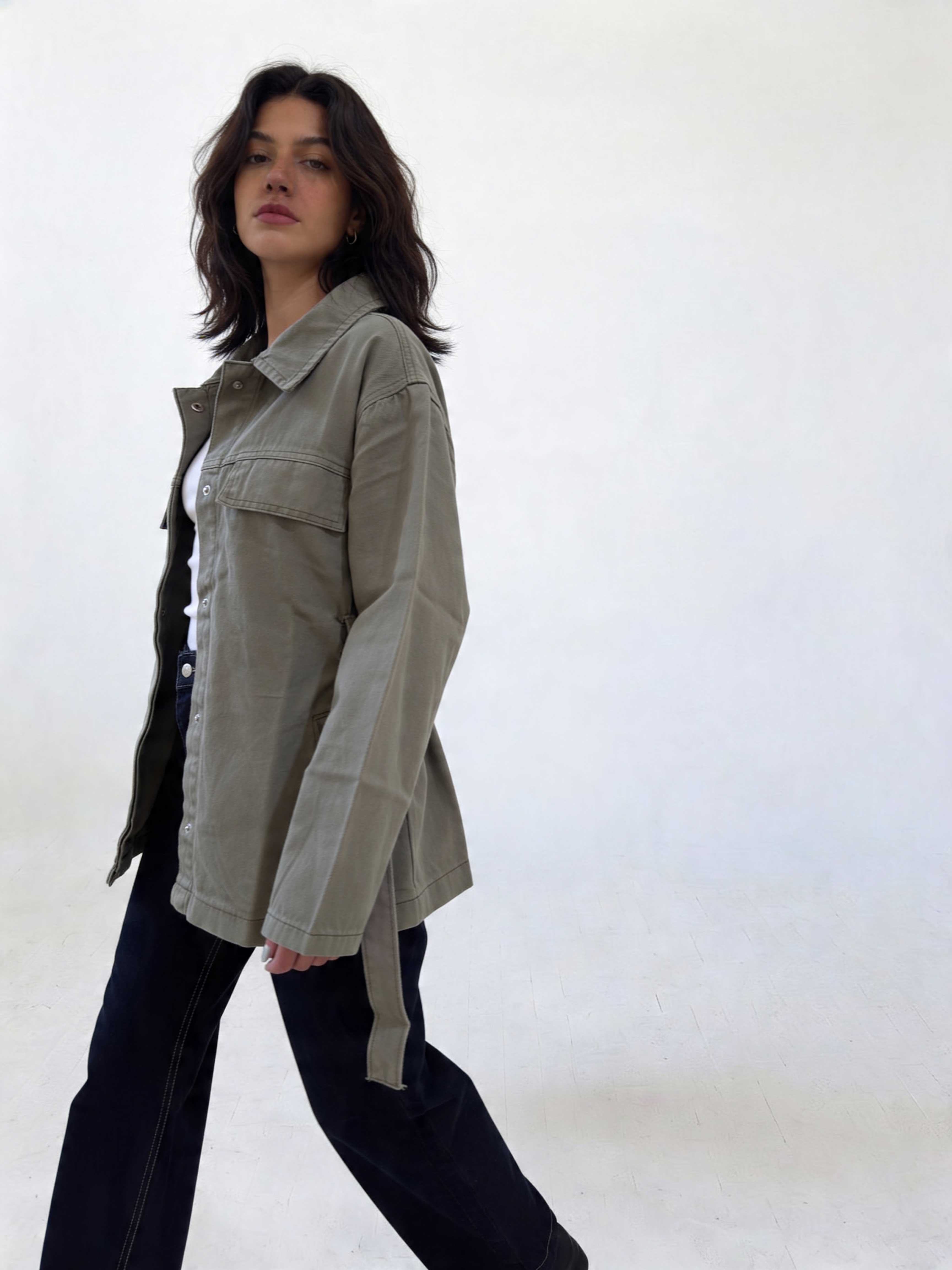 Jacket - Belted Button-Up Oversized Sage Green Denim jacket CIZARO - Cizaro Jeans