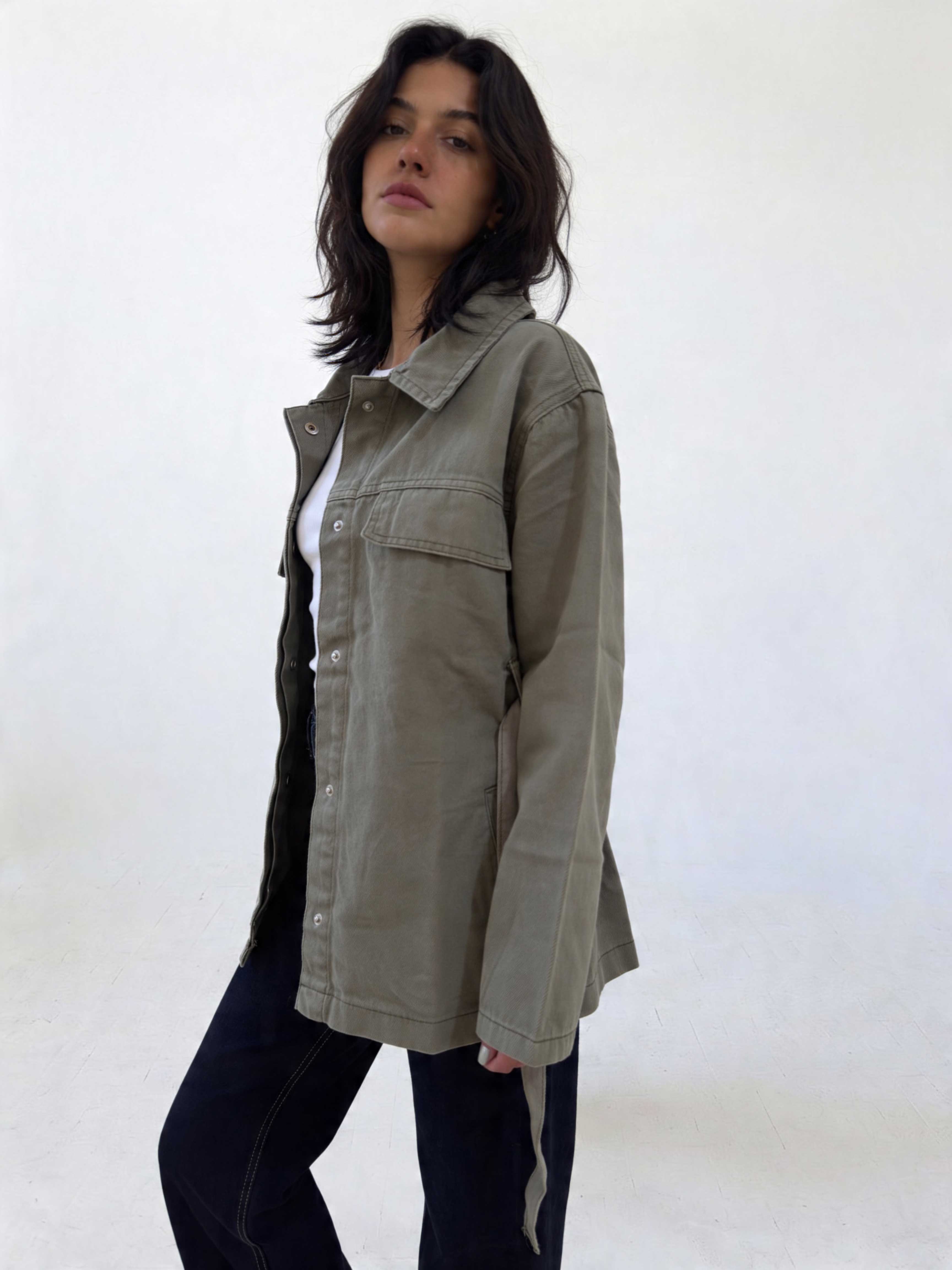 Jacket - Belted Button-Up Oversized Sage Green Denim jacket CIZARO - Cizaro Jeans