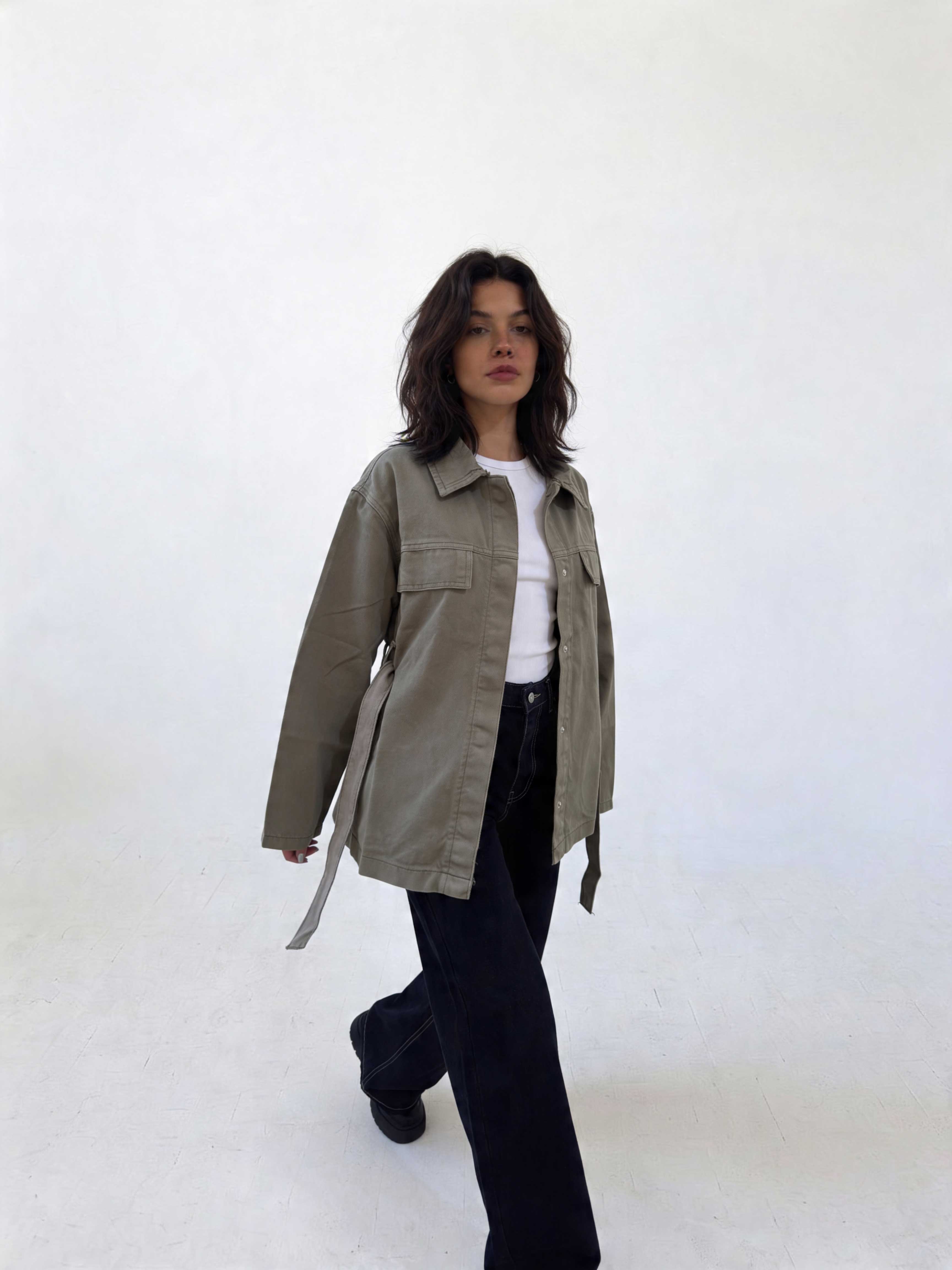 Jacket - Belted Button-Up Oversized Sage Green Denim jacket CIZARO - Cizaro Jeans