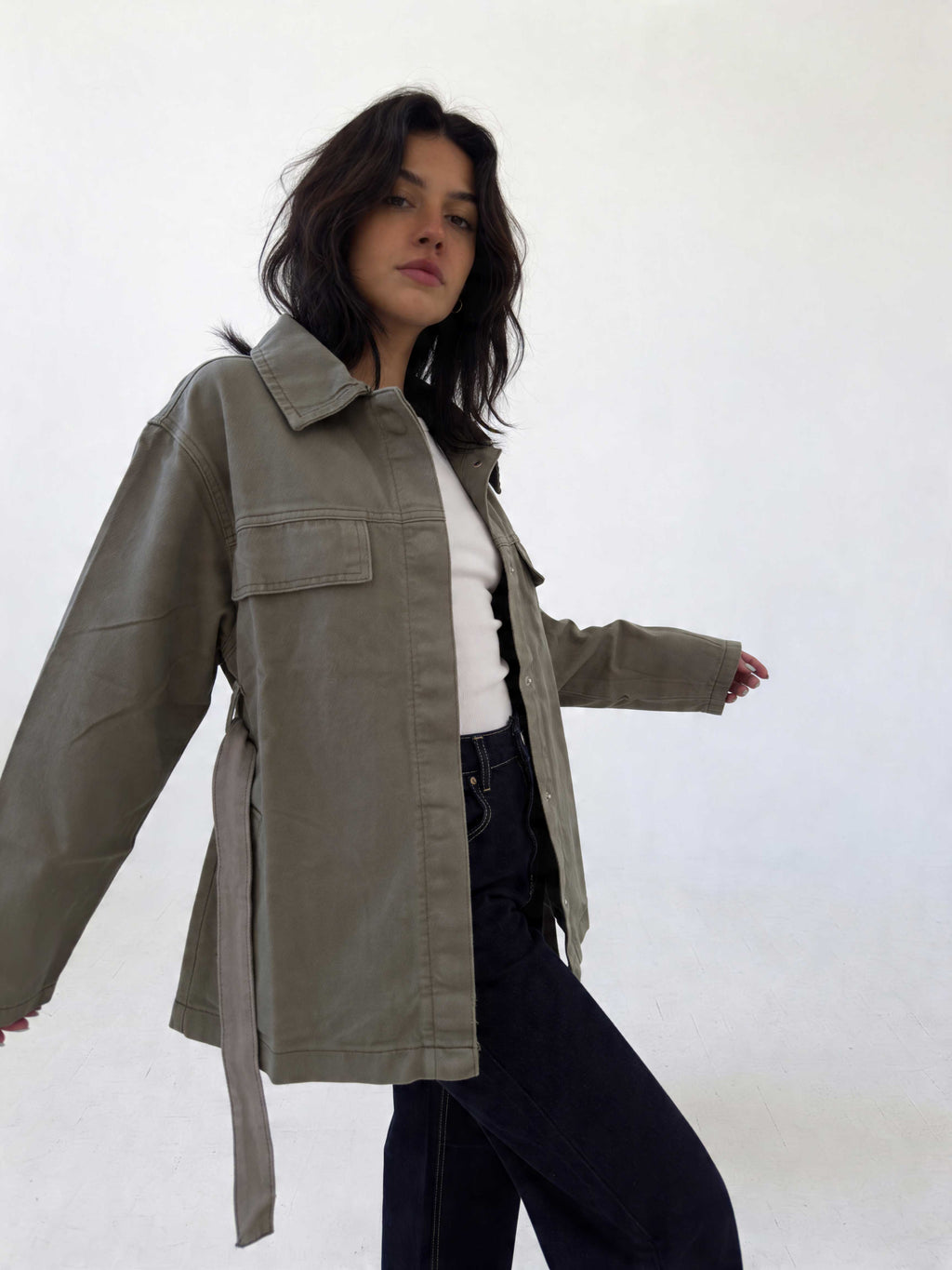 Jacket - Belted Button-Up Oversized Sage Green Denim jacket CIZARO - Cizaro Jeans