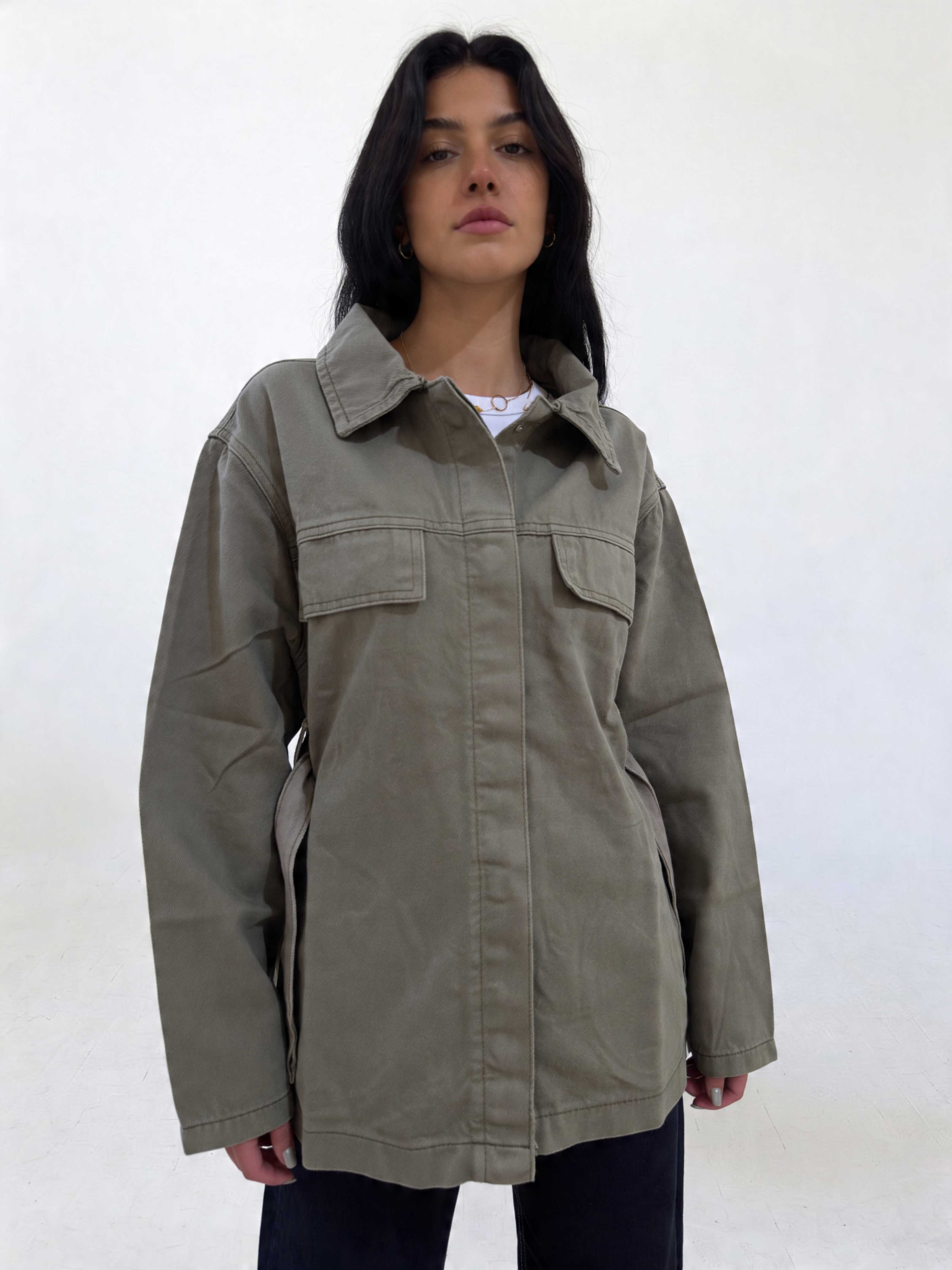 Jacket - Belted Button-Up Oversized Sage Green Denim jacket CIZARO - Cizaro Jeans