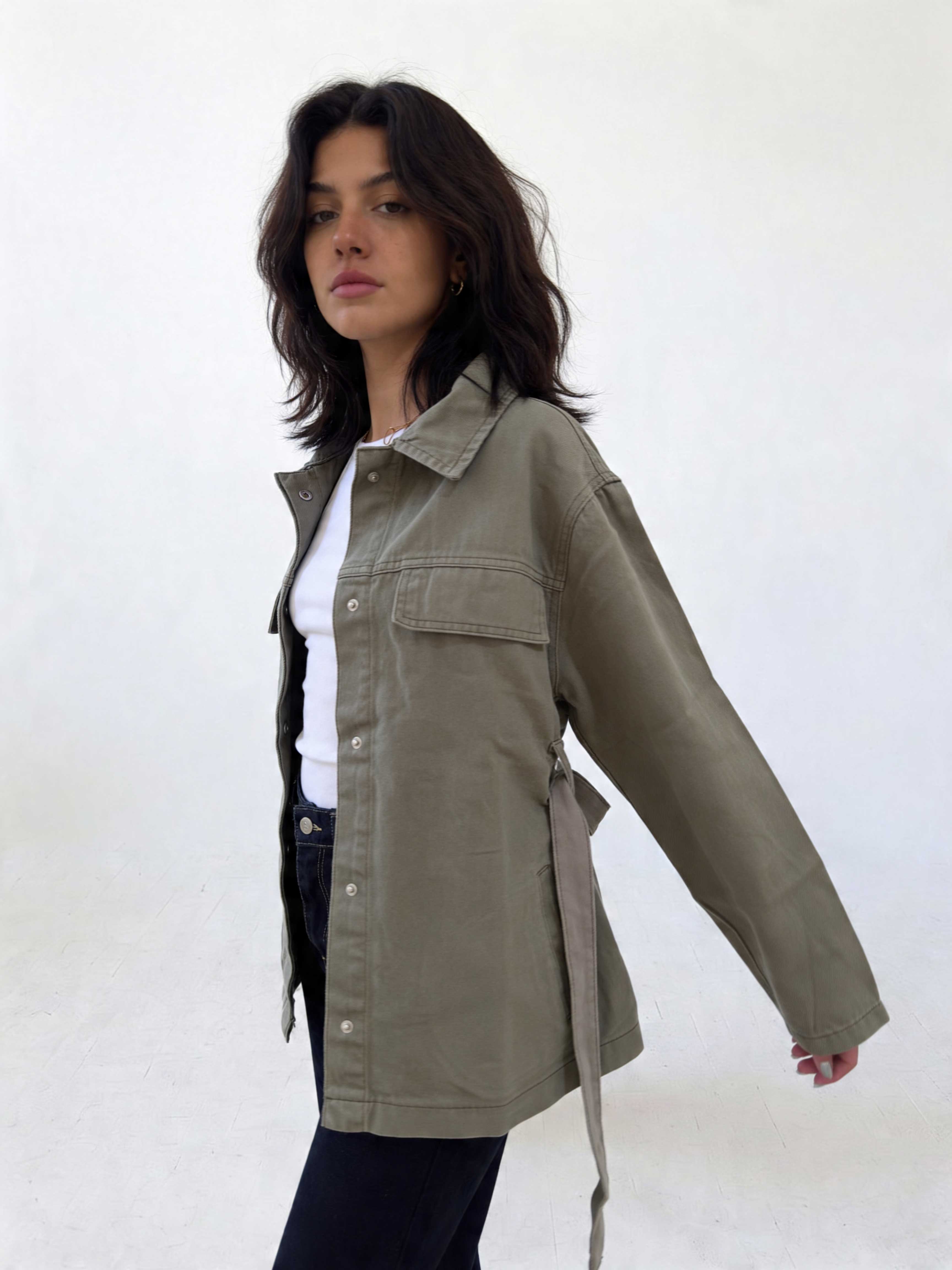 Jacket - Belted Button-Up Oversized Sage Green Denim jacket CIZARO - Cizaro Jeans
