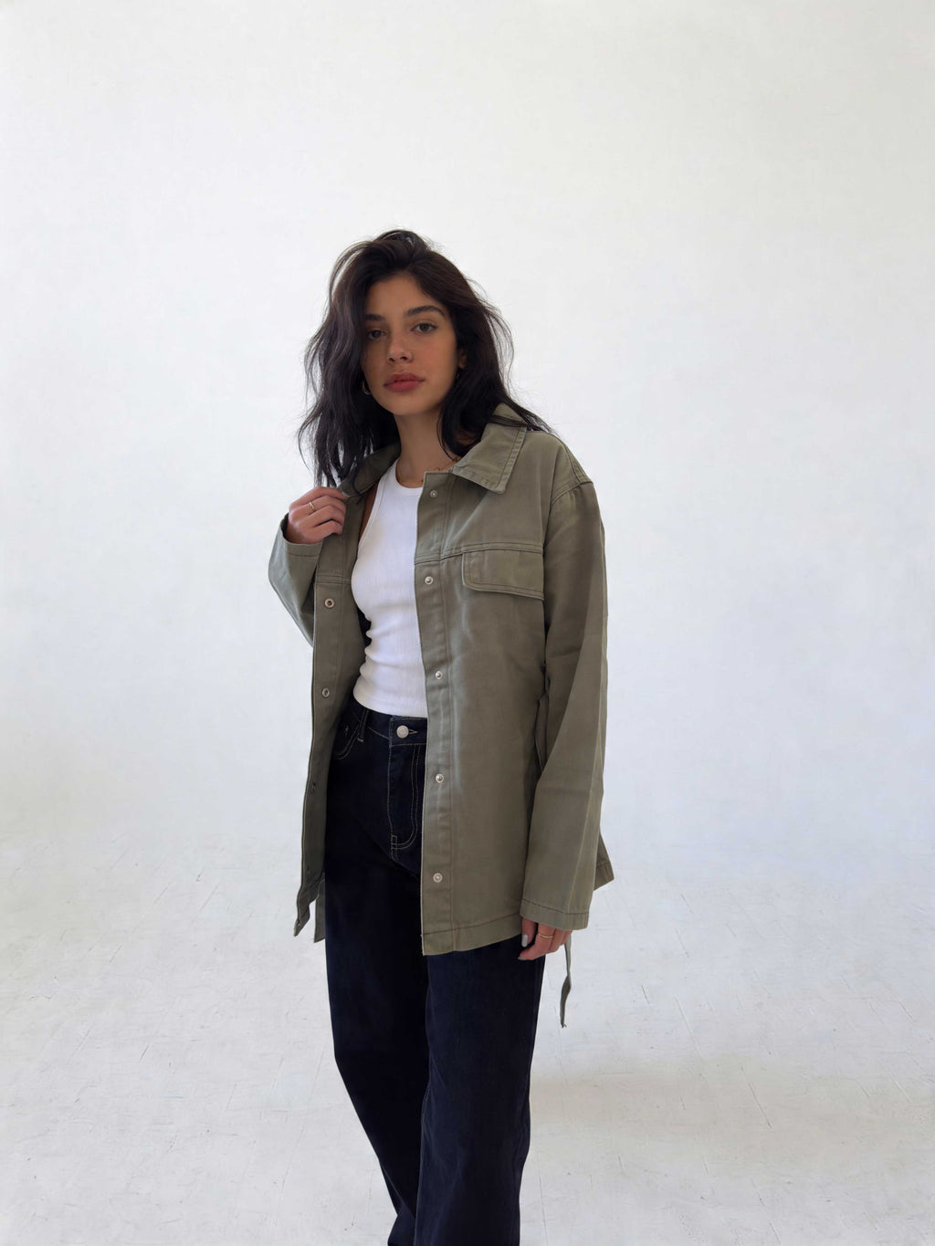 Jacket - Belted Button-Up Oversized Sage Green Denim jacket CIZARO - Cizaro Jeans