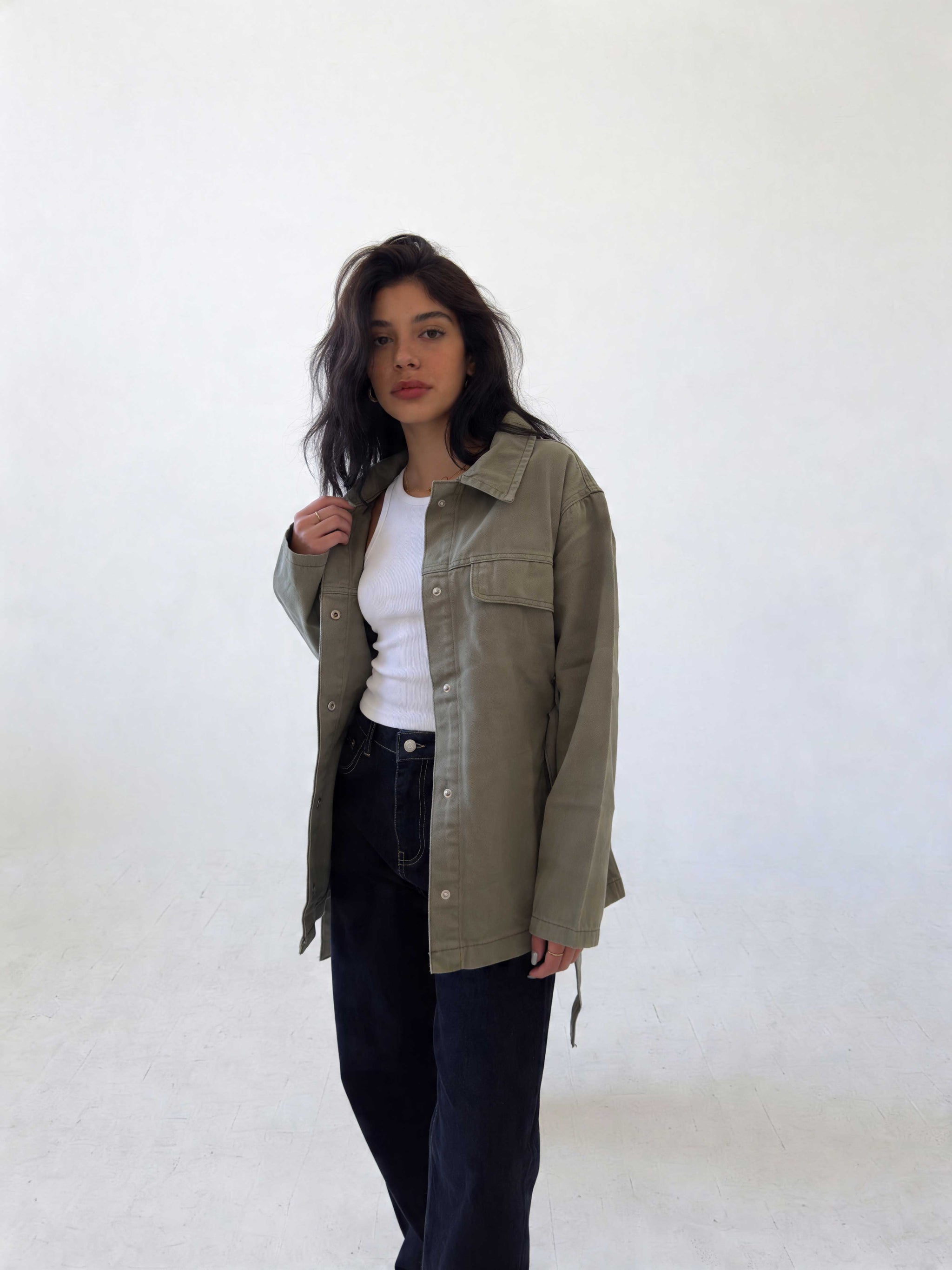 Jacket - Belted Button-Up Oversized Sage Green Denim jacket CIZARO - Cizaro Jeans