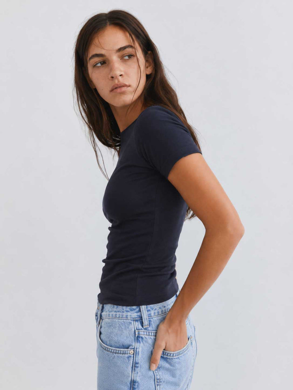 Double-Layer Fitted Short Sleeve Crew-Neck Top – Navy