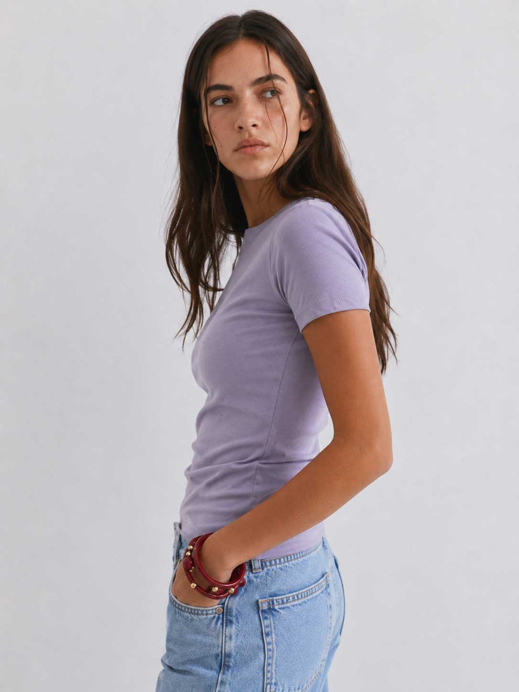 Double-Layer Fitted Short Sleeve Crew-Neck Top – Mauve)