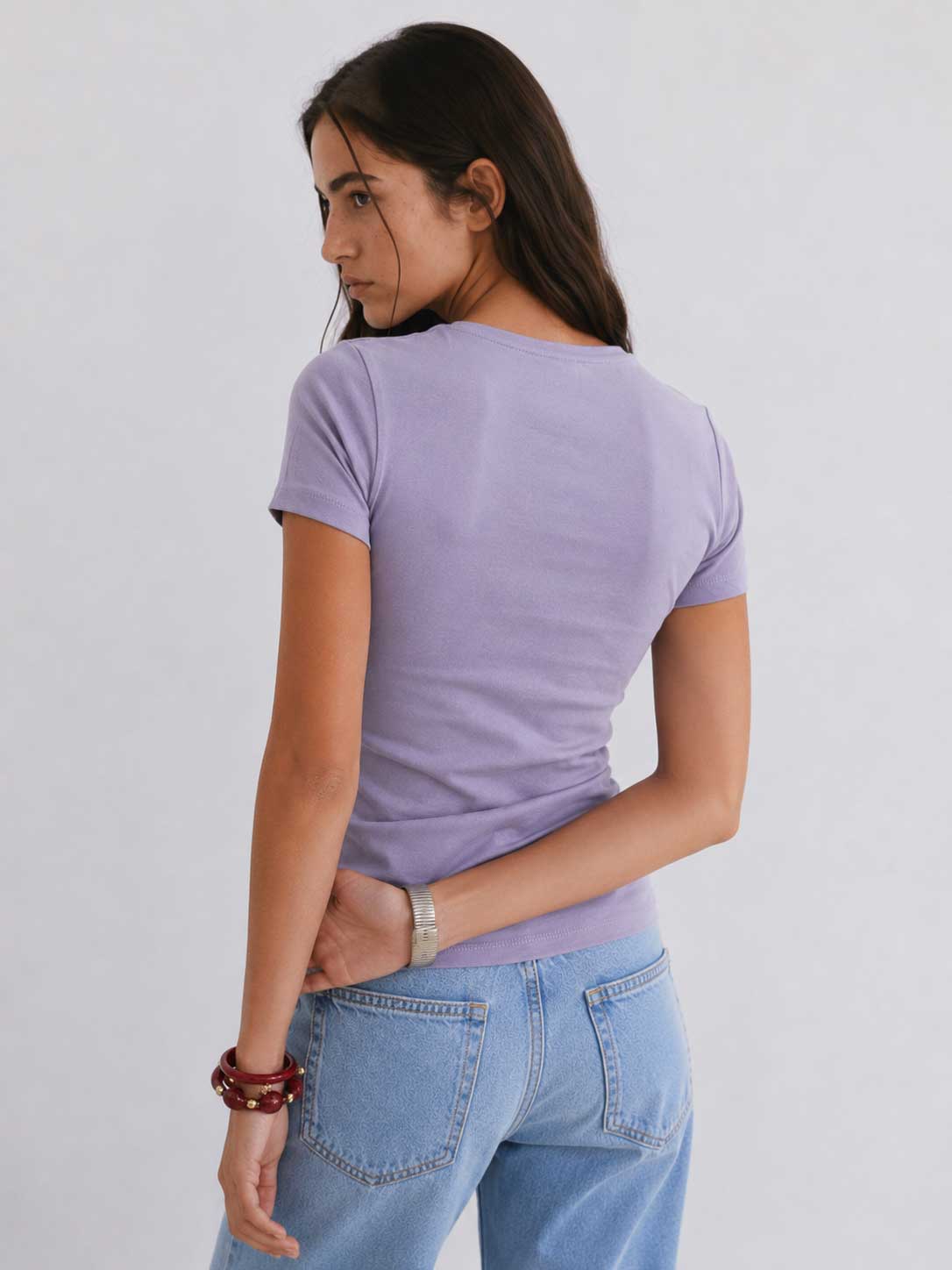 Double-Layer Fitted Short Sleeve Crew-Neck Top – Mauve)