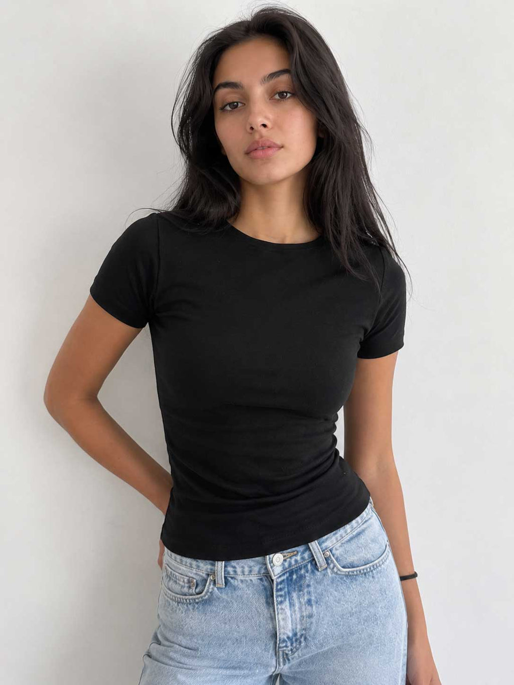 Double-Layer Fitted Short Sleeve Crew-Neck Top – Black
